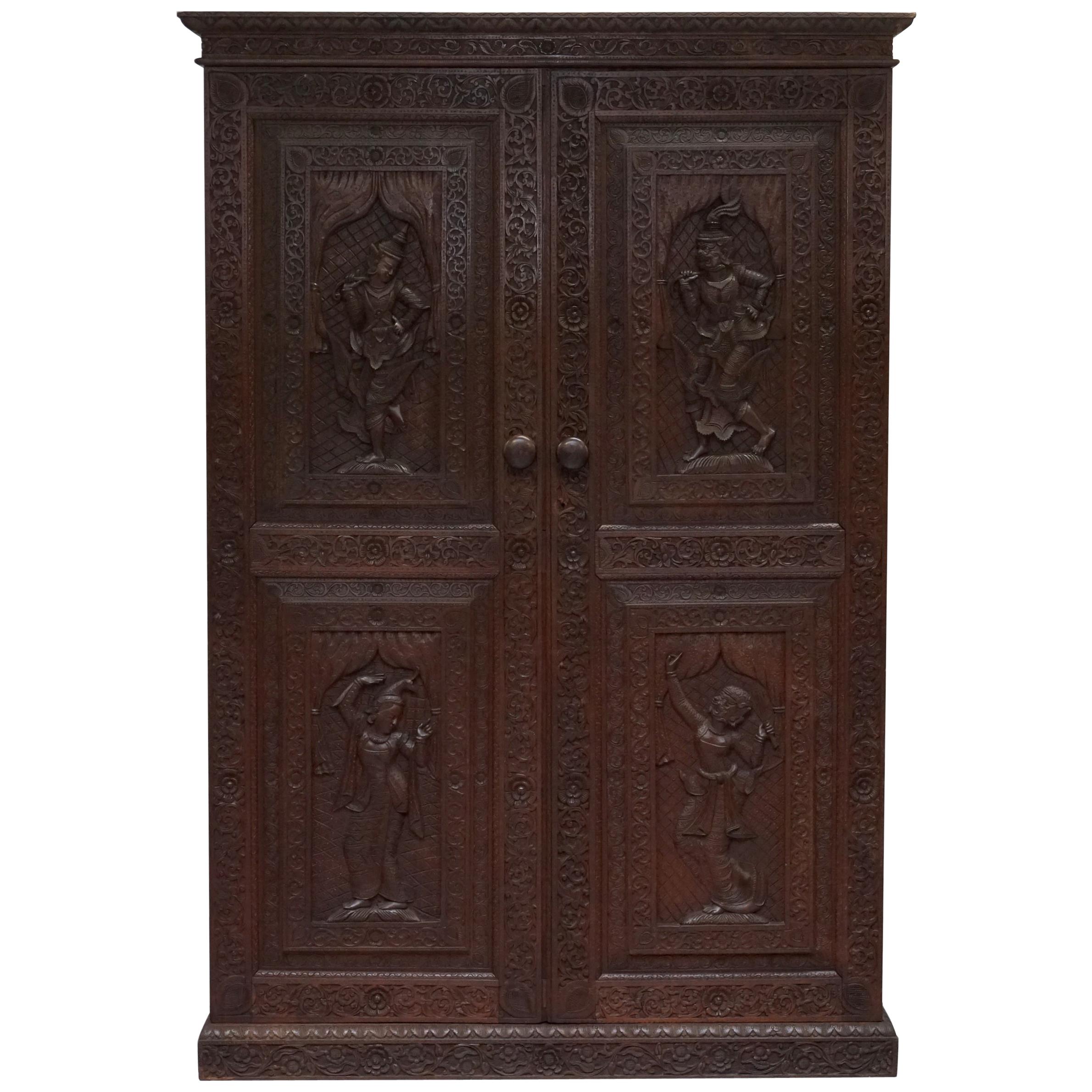 1910 Burmese Anglo Indian Hand Carved Wardrobe Armoire Cupboard Campaign Drawers