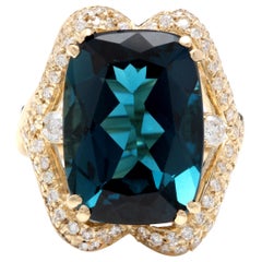 19.10 Carat Natural London Blue Topaz and Diamond 14 Karat Yellow Gold Ring