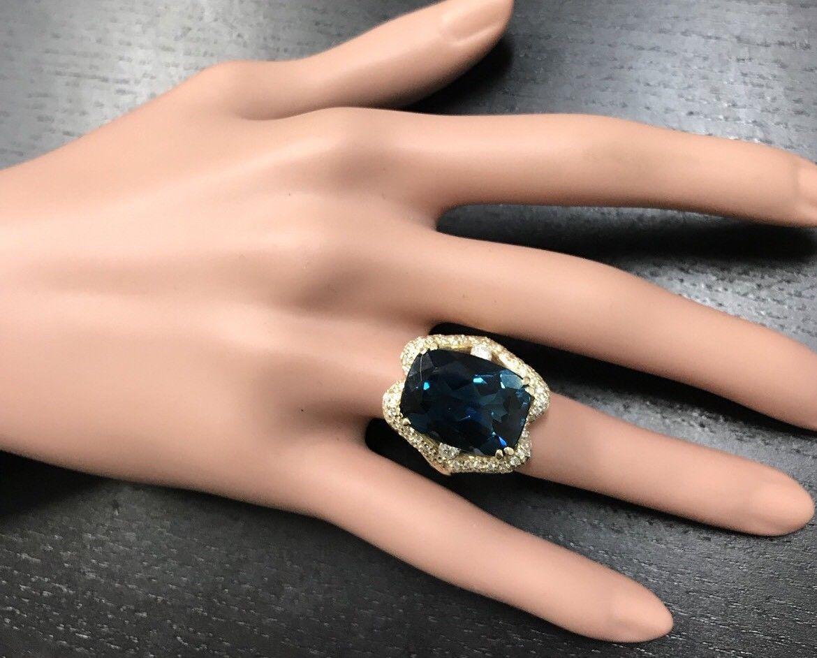 19.10 Carat Natural London Blue Topaz and Diamond 14 Karat Yellow Gold Ring For Sale 2