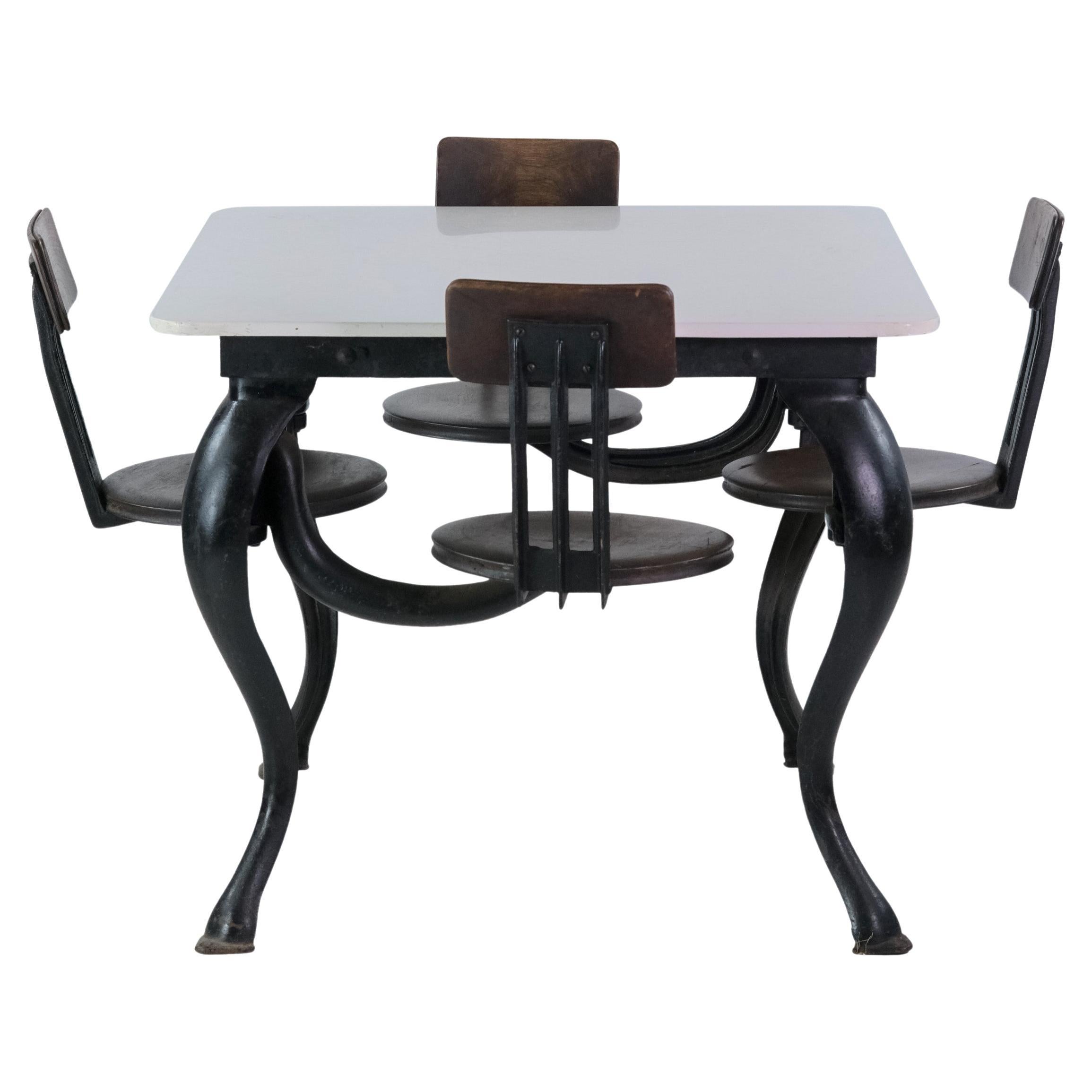 1910 Cast Iron Swing Table Set w/ Milk Glass Top, Cabriole Legs and