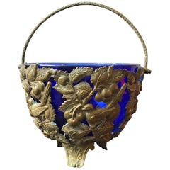 1910 Cobalt Blue Glass and Brass Repousse Bowl