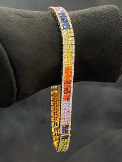 19.10 Cts Diamonds & Princess Shape Rainbow Sapphire Pavé Bracelet in 14K Gold