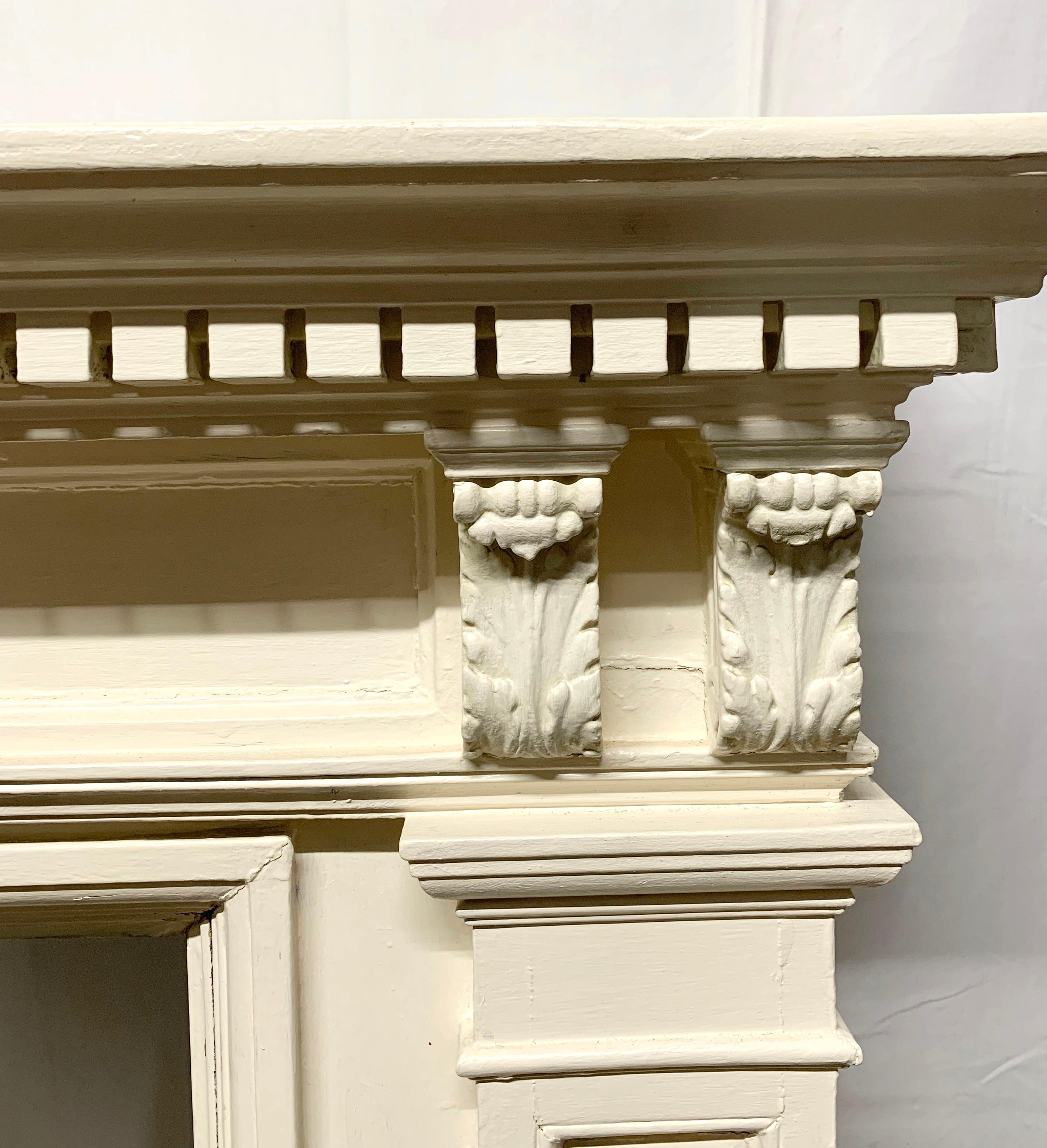 American 1910 Dentil Carved White Wood Mantel with Brass Details
