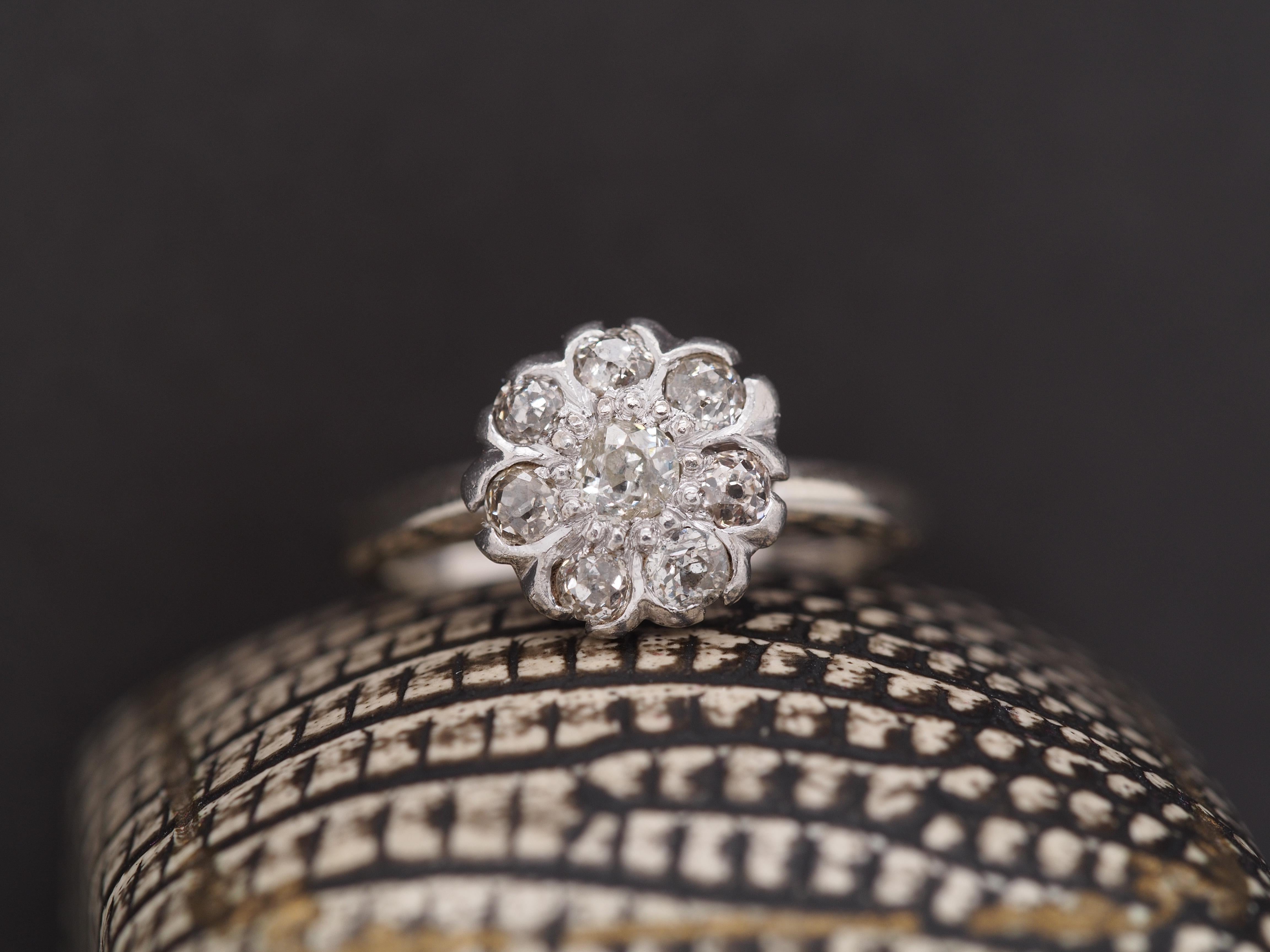 Year: 1910
Item Details:
Ring Size: 5.5
Metal Type: 14K White Gold [Hallmarked, and Tested]
Weight: 3.7 grams
Diamond Details:
Weight: .50cttw
Cut: Old Mine Brilliant
Color: J
Clarity: I1
Band Width: 1.5 mm
Condition: Excellent