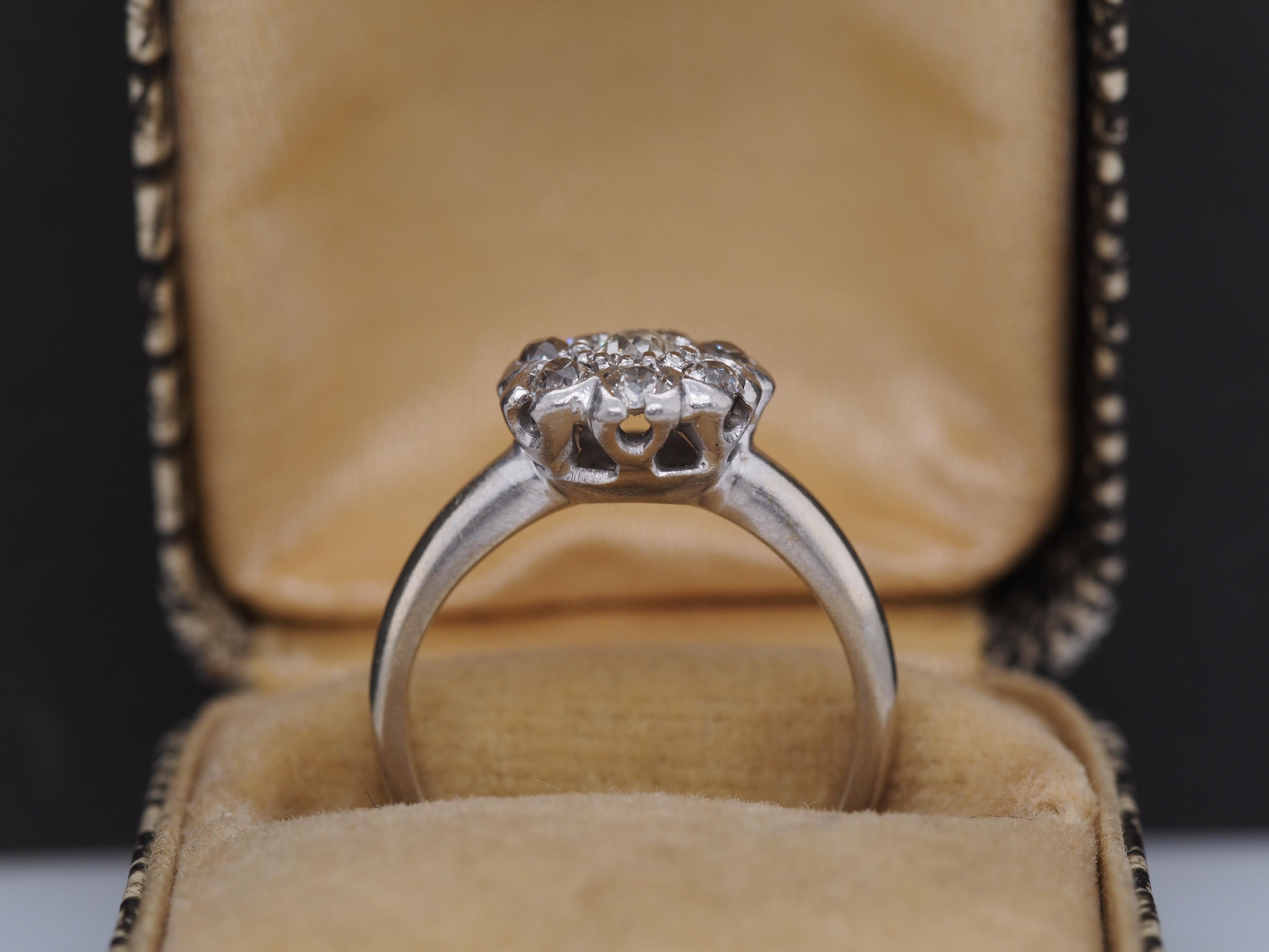 1910 Edwardian 14K White Gold .50cttw Old Mine Diamond Floral Engagement Ring In Good Condition For Sale In Atlanta, GA