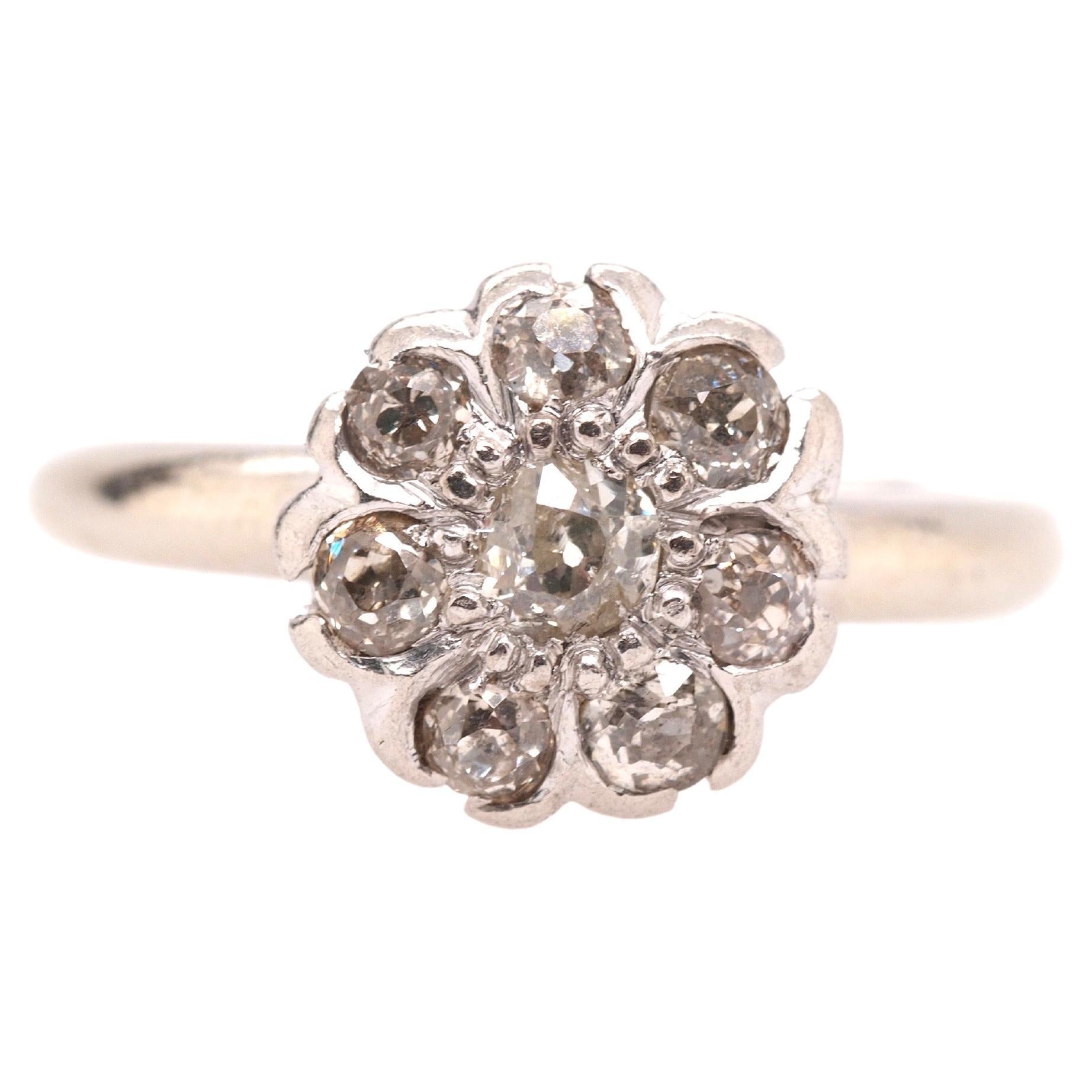 1910 Edwardian 14K White Gold .50cttw Old Mine Diamond Floral Engagement Ring For Sale