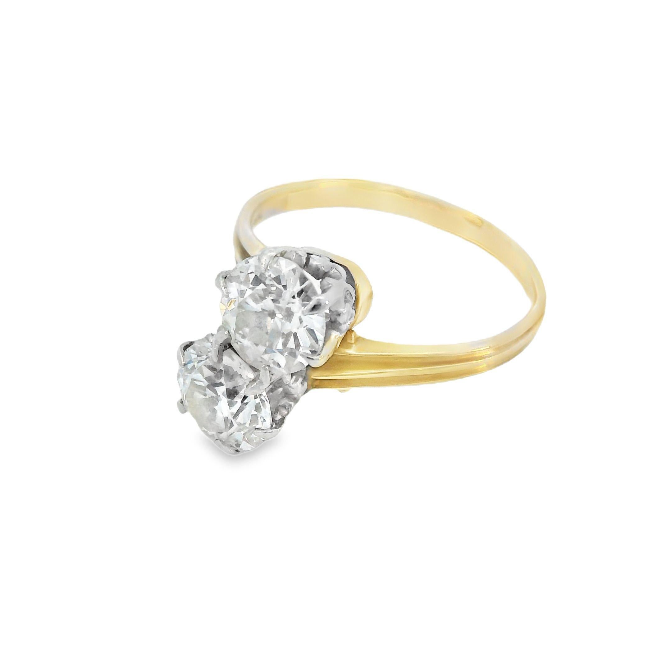 Women's 1910 Edwardian 14k Yellow and Platinum Gold Toi et Moi 2 Carat Diamond Ring For Sale