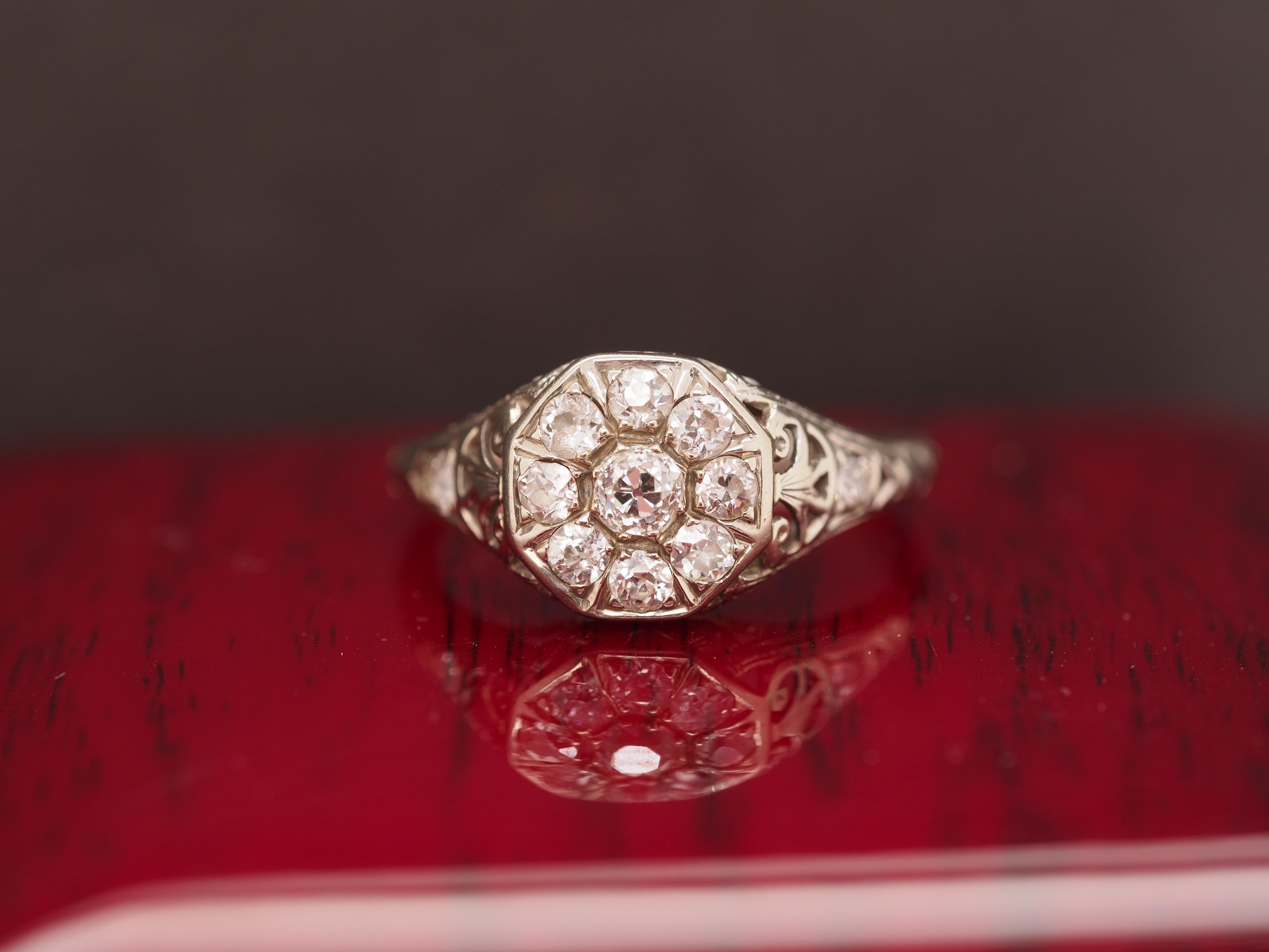 Year: 1910
Item Details:
Ring Size: 6.25
Metal Type: 18K White Gold & Platinum [Hallmarked, and Tested]
Weight: 2.6 grams
Diamond Details:
Weight: .75cttw
Cut: Old Mine Brilliant
Color: I-J
Clarity: SI
Band Width: 1.2 mm
Condition: Excellent
