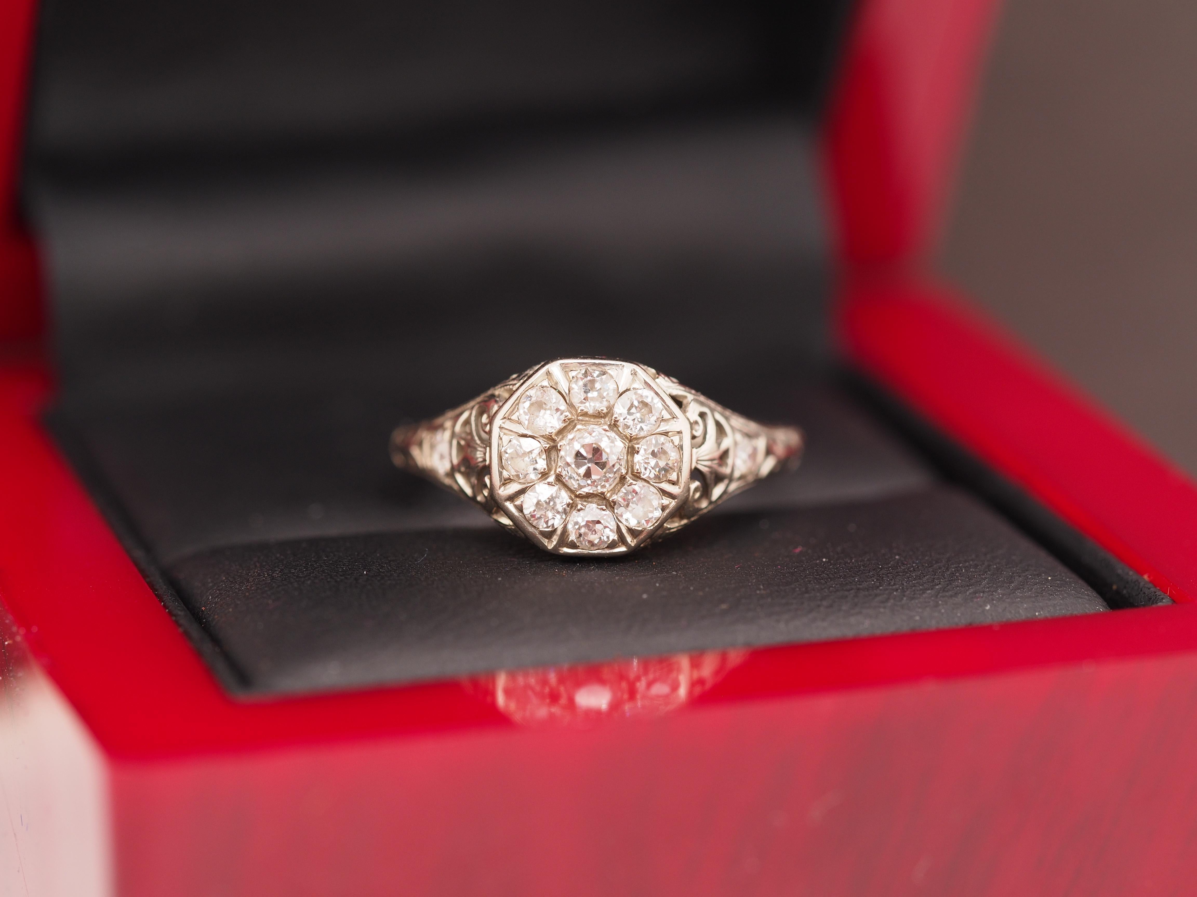 Anillo de compromiso de oro blanco/platino eduardiano de 18 quilates y 0,75 ctw de diamantes de mina antigua de 1910 en venta 2