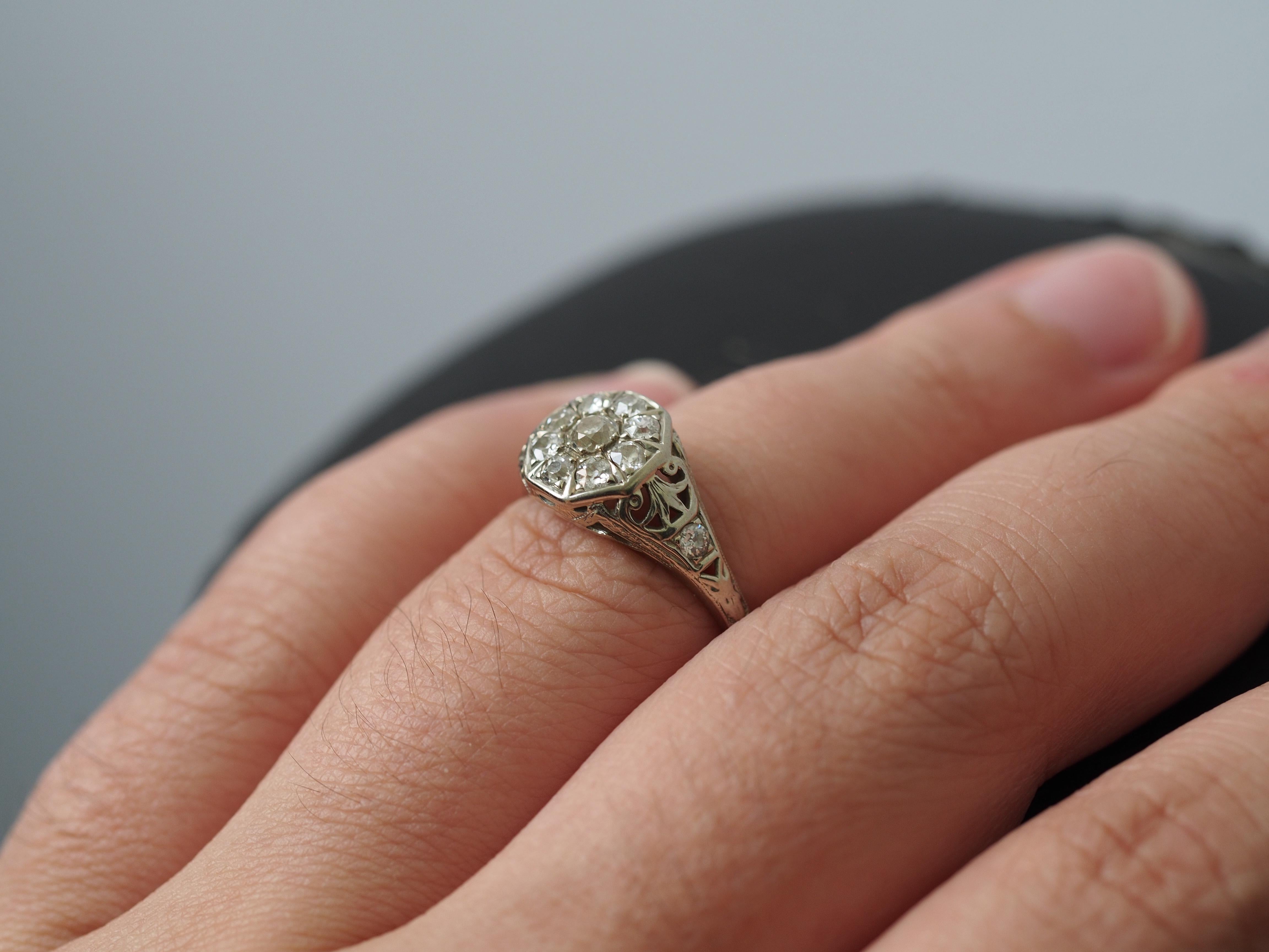 1910 Edwardian 18K White Gold/Platinum .75cttw Old Mine Diamond Engagement Ring For Sale 3