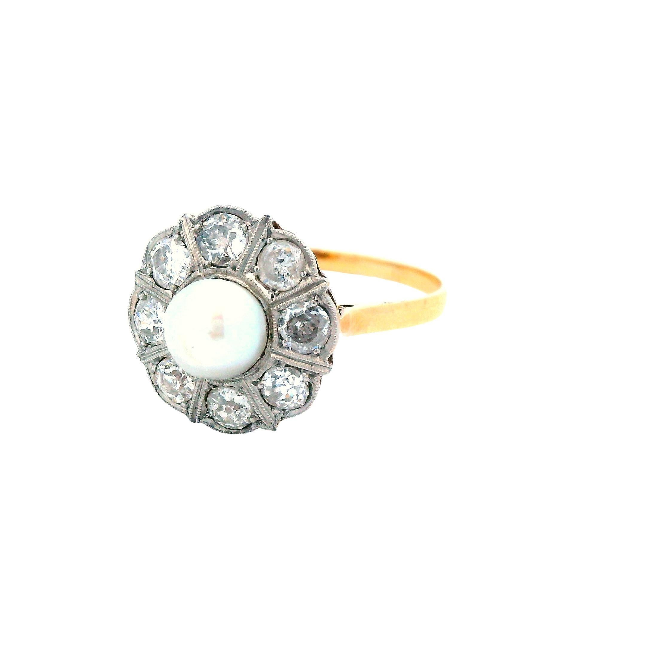 Round Cut 1910 Edwardian 18K Yellow Gold ov Platinum Natural Pearl & Diamond Ring For Sale