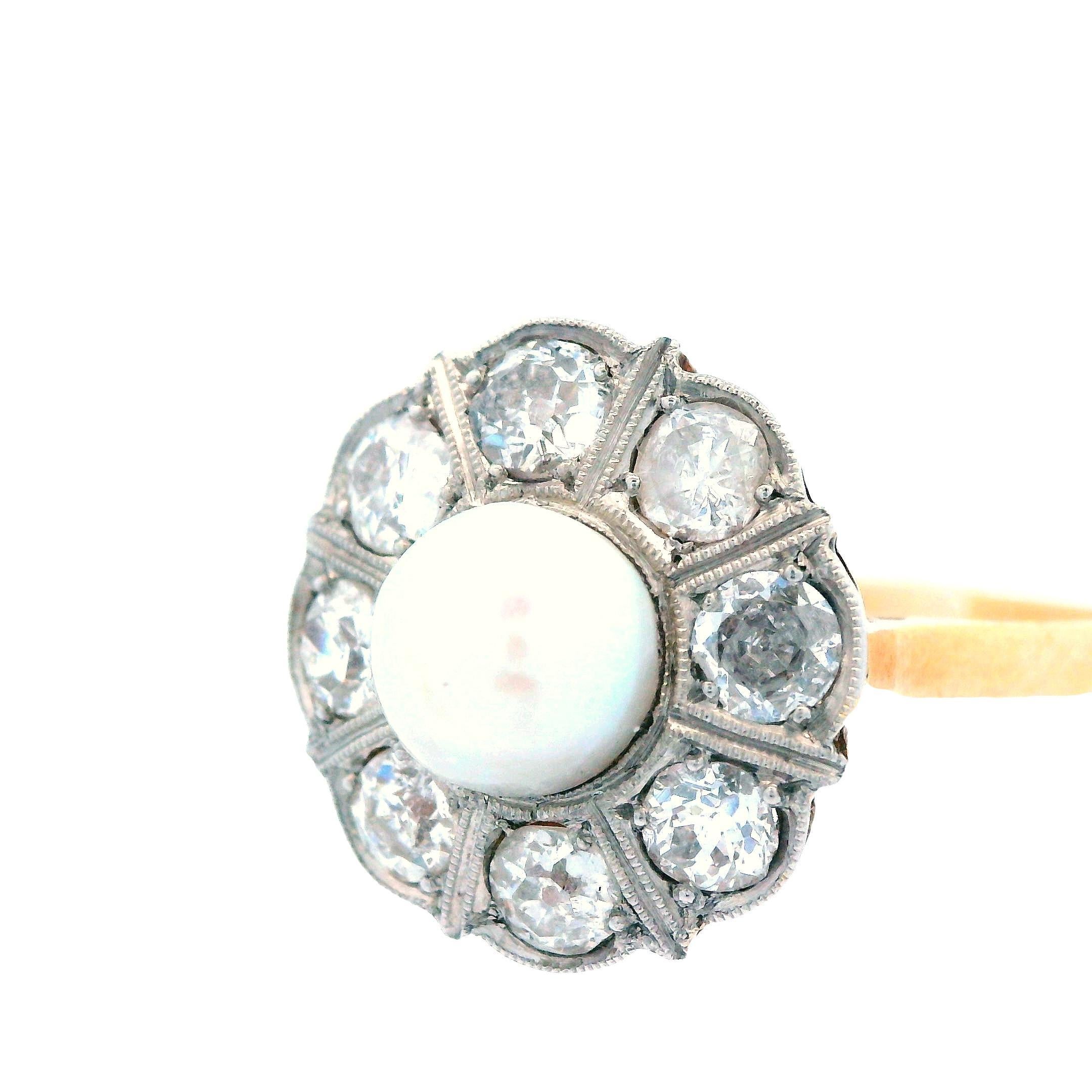 1910 Edwardian 18K Yellow Gold ov Platinum Natural Pearl & Diamond Ring In Good Condition For Sale In Lexington, KY