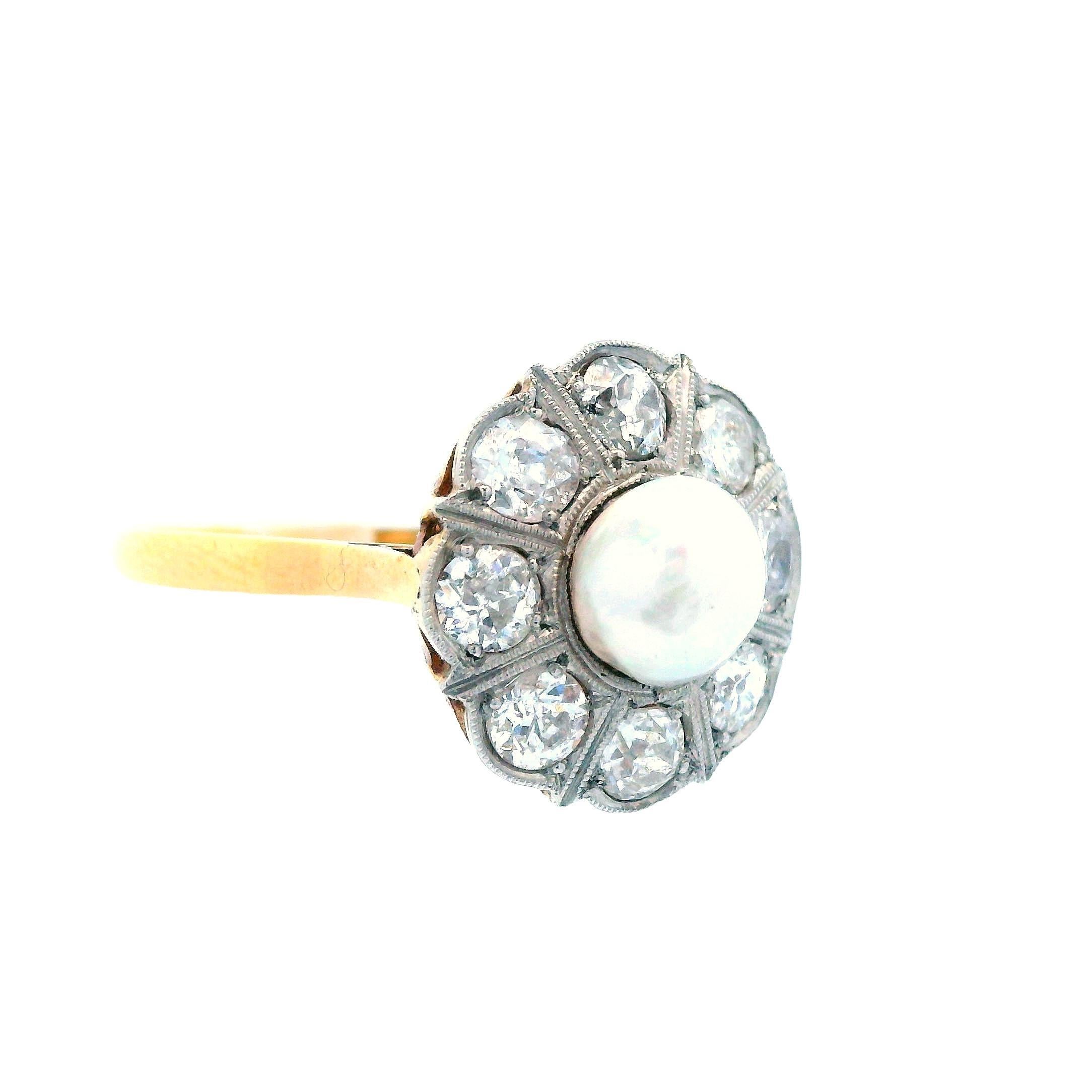 Women's 1910 Edwardian 18K Yellow Gold ov Platinum Natural Pearl & Diamond Ring For Sale