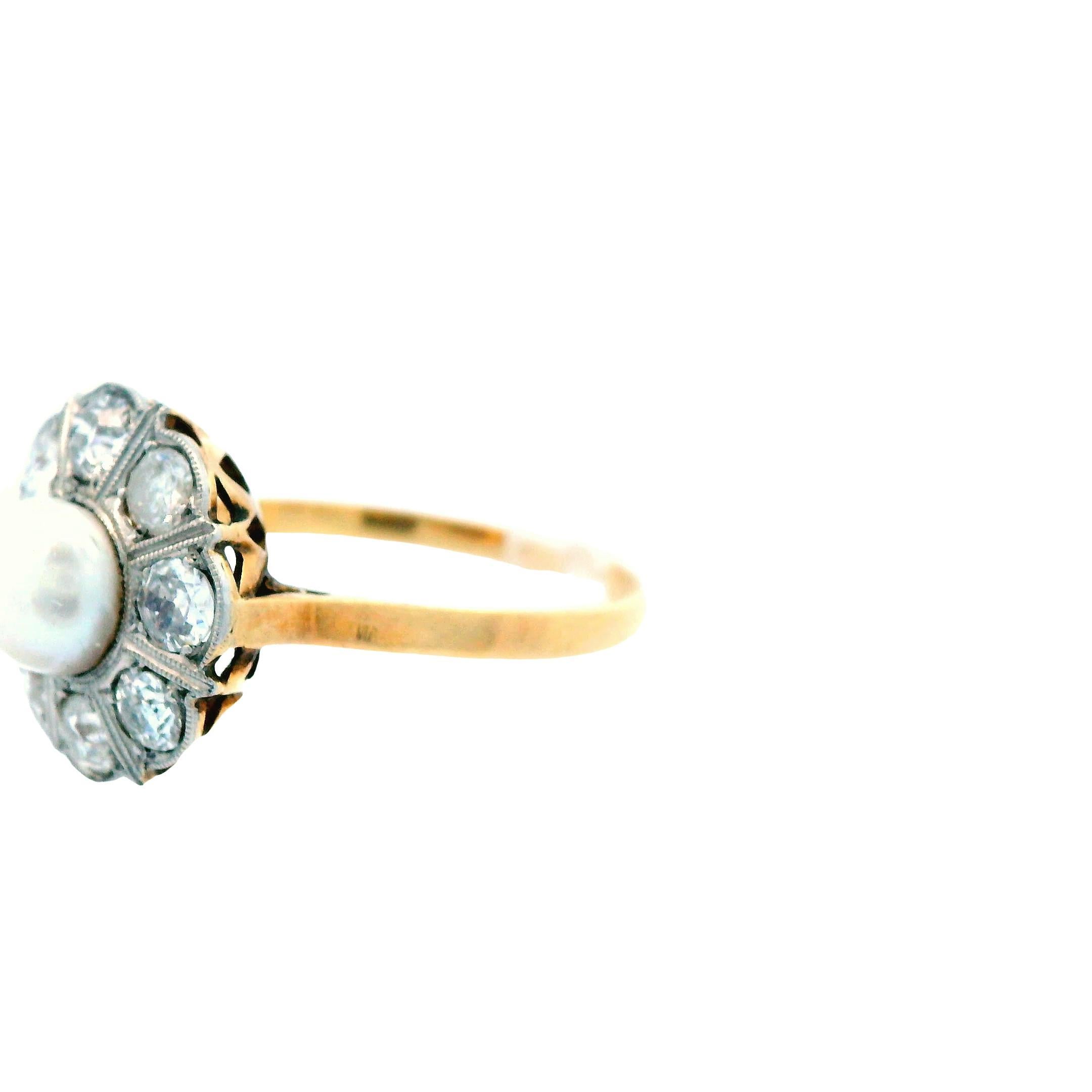 1910 Edwardian 18K Yellow Gold ov Platinum Natural Pearl & Diamond Ring For Sale 1