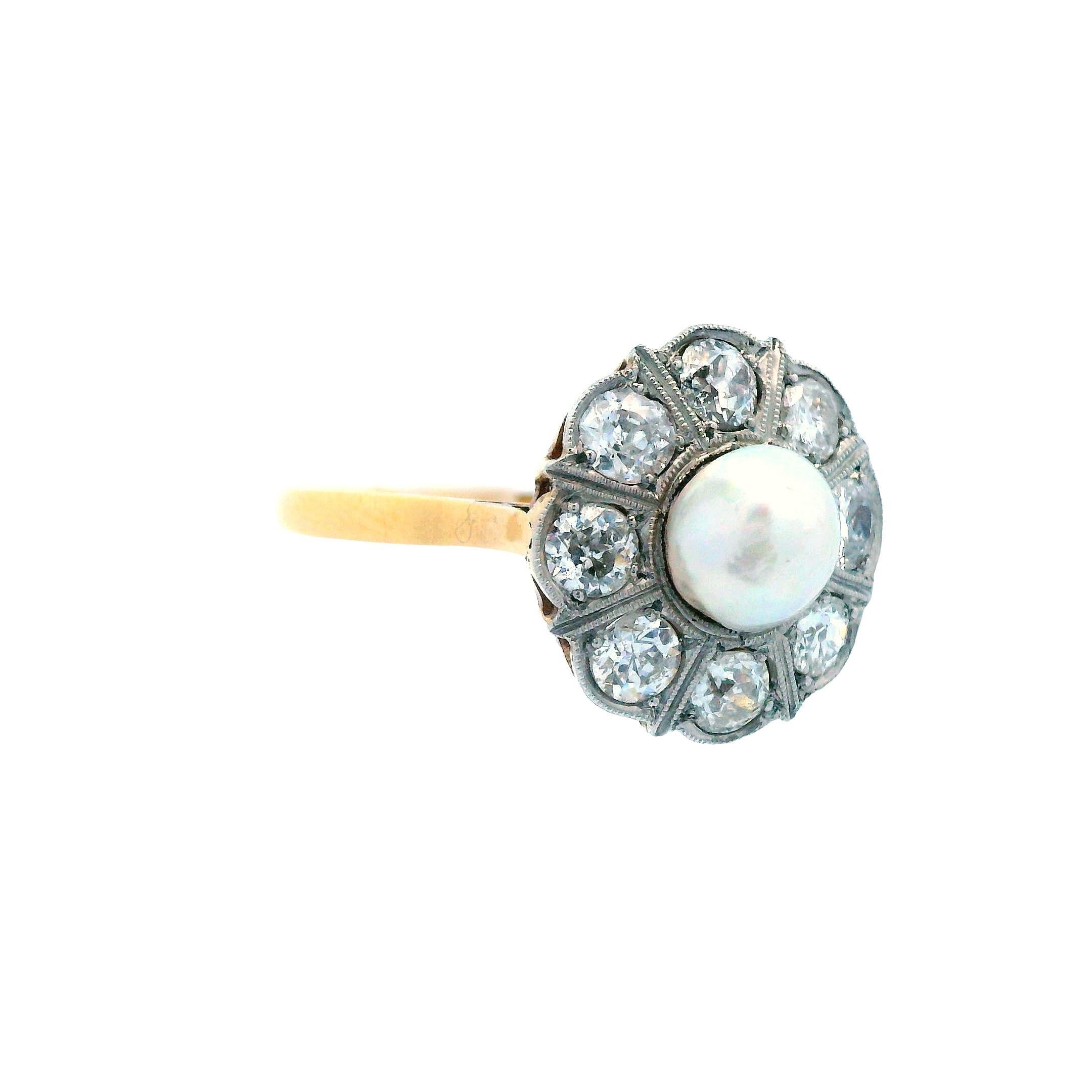 1910 Edwardian 18K Yellow Gold ov Platinum Natural Pearl & Diamond Ring For Sale 3