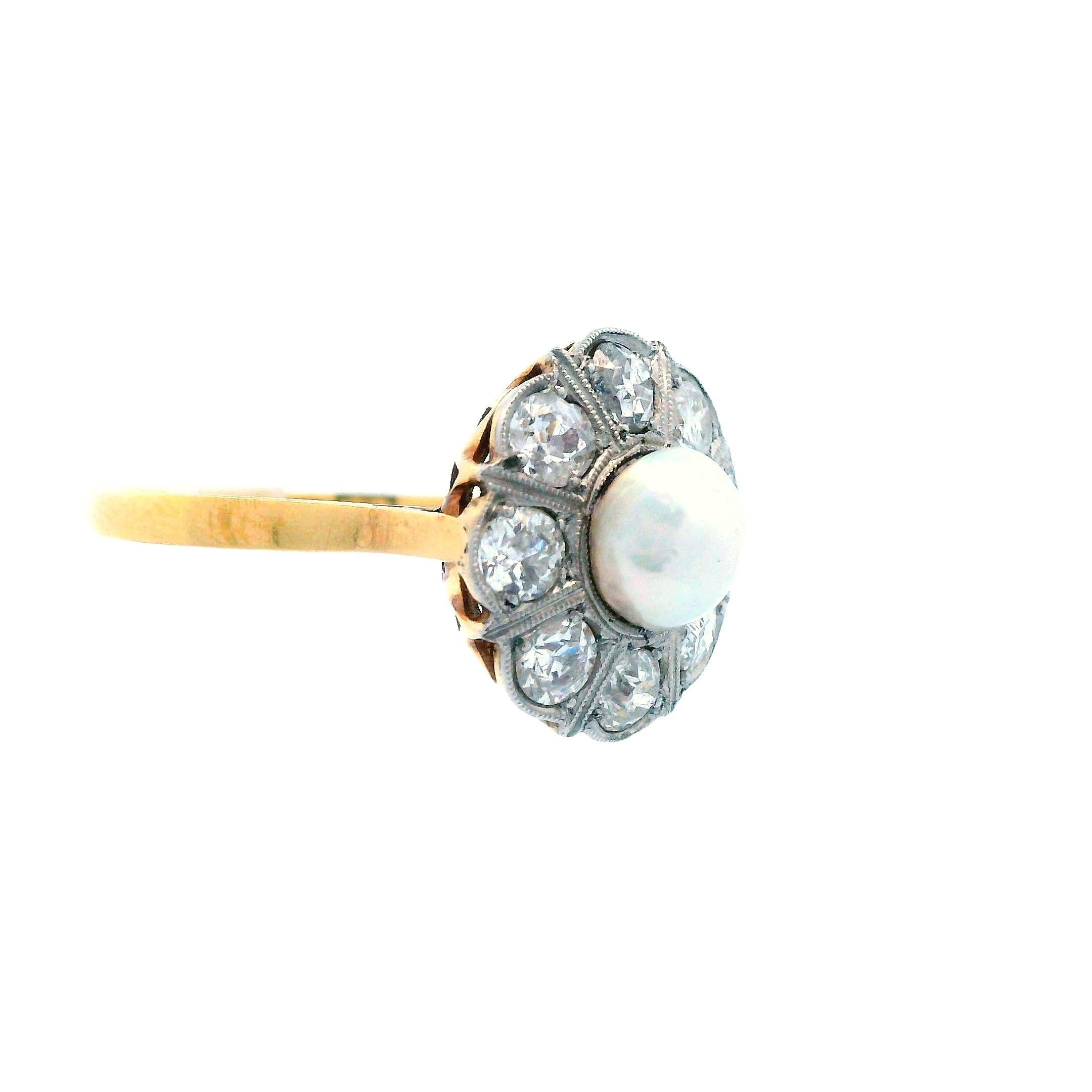 1910 Edwardian 18K Yellow Gold ov Platinum Natural Pearl & Diamond Ring For Sale 4