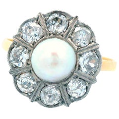 Anello con perle naturali e diamanti in oro giallo 18 carati e platino del 1910 Edwardiano