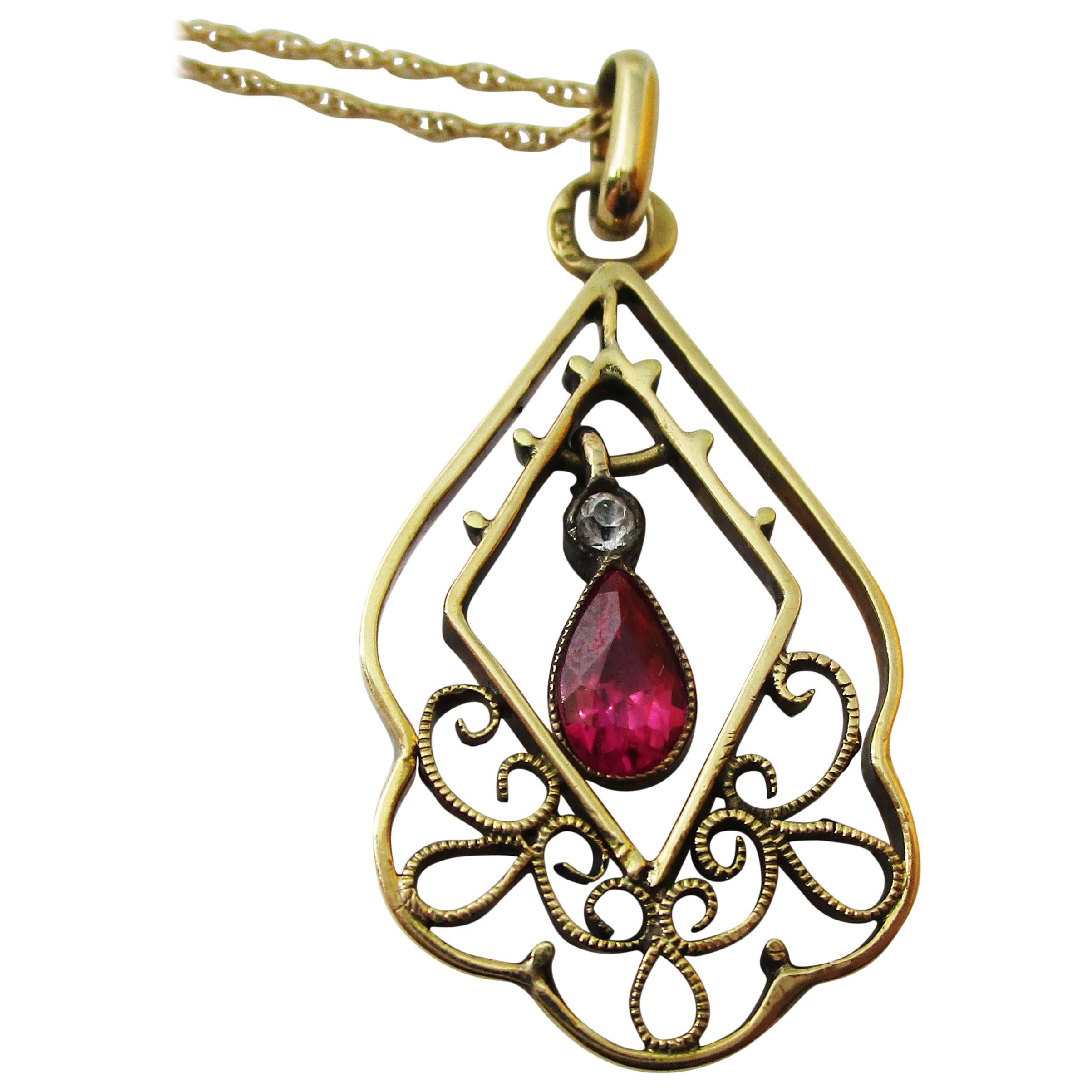 1910 Edwardian Austrian 14 Karat Gold Ruby Diamond Pendant