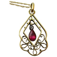 1910 Edwardian Austrian 14 Karat Gold Ruby Diamond Pendant