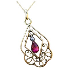 1910 Edwardian Austrian 14 Karat Gold Ruby Diamond Pendant