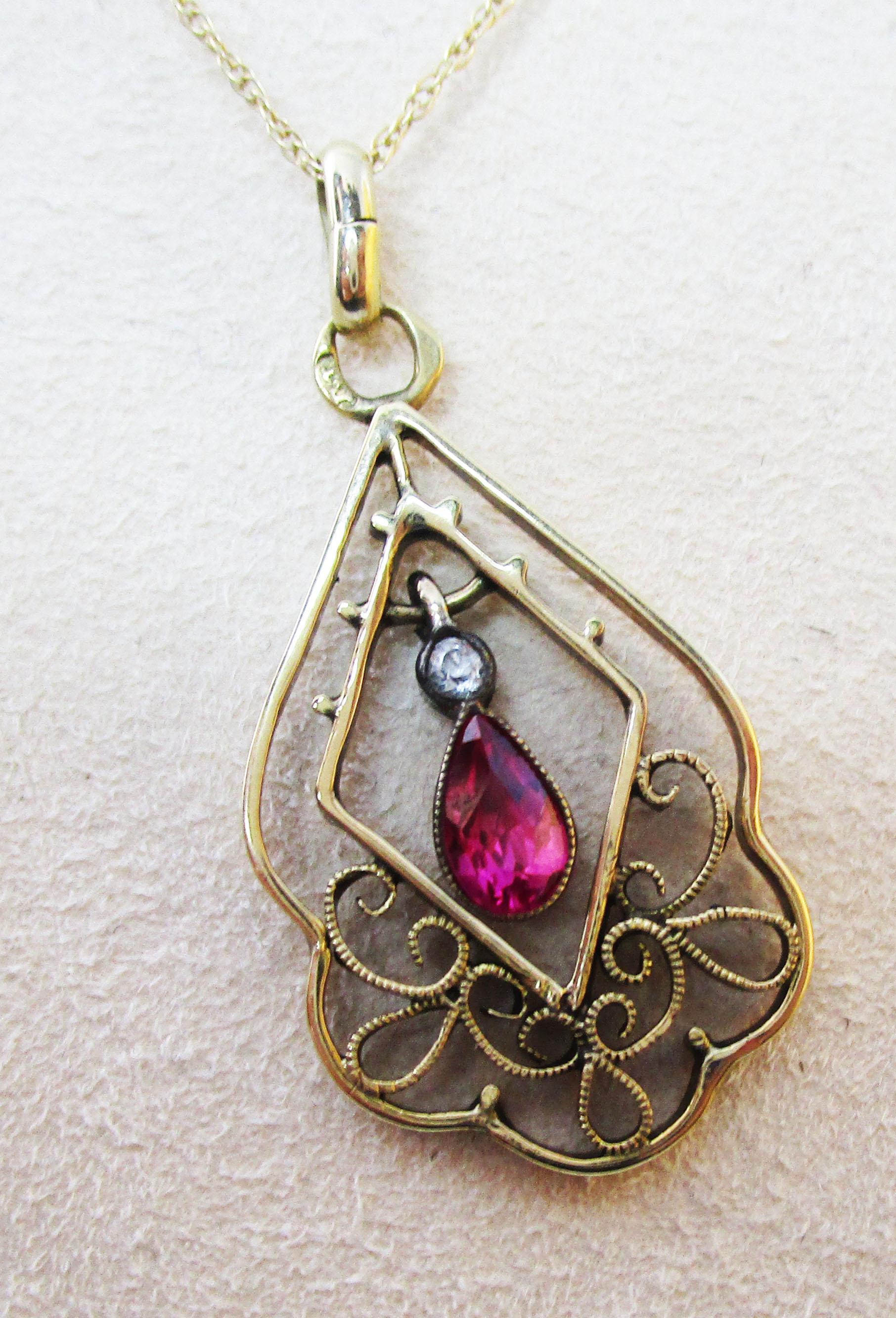 1910 Edwardian Austrian 14 Karat Gold Ruby Diamond Pendant In Excellent Condition In Lexington, KY