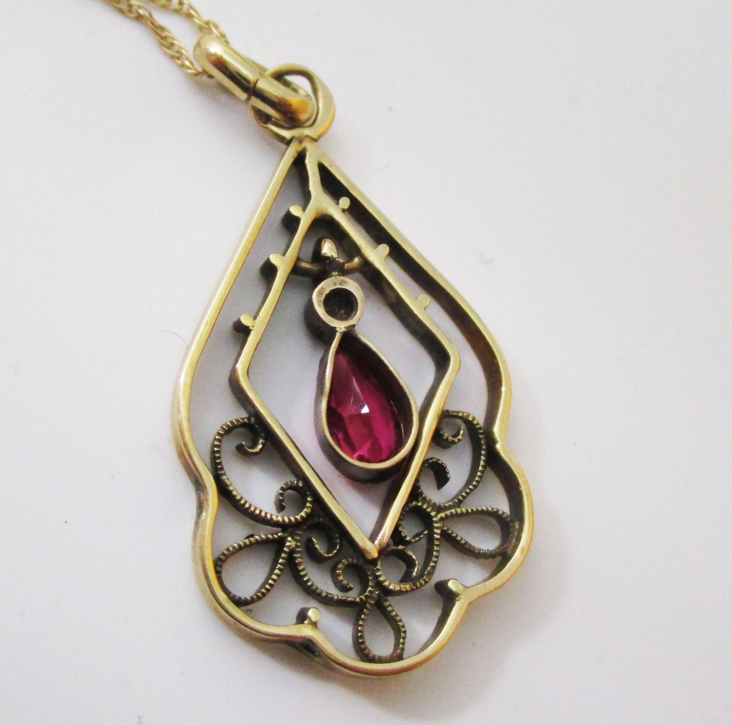 Women's or Men's 1910 Edwardian Austrian 14 Karat Gold Ruby Diamond Pendant