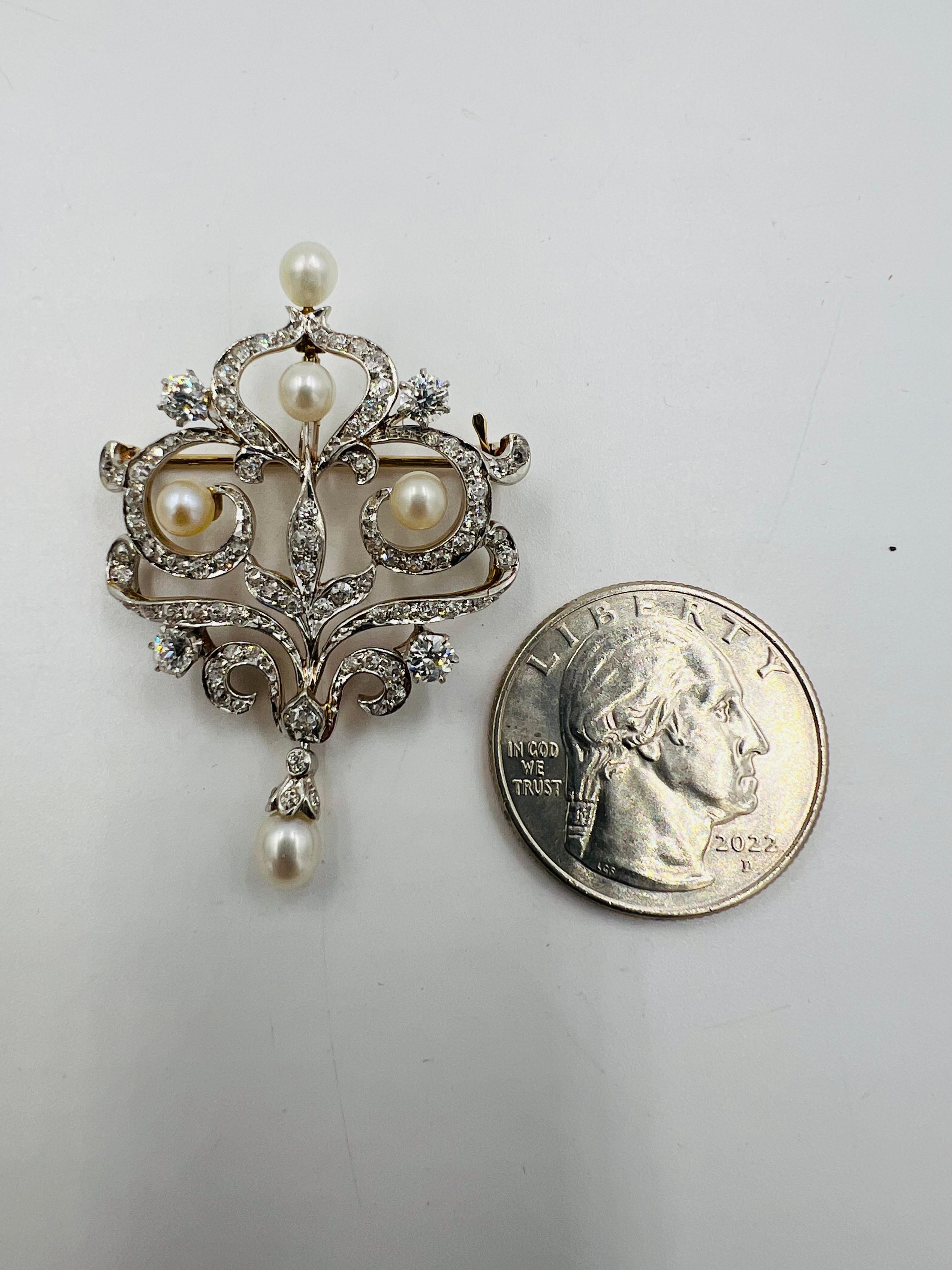 Spilla con diamante e perla del 1910 Edwardiana Ciondolo in oro e platino in vendita 4