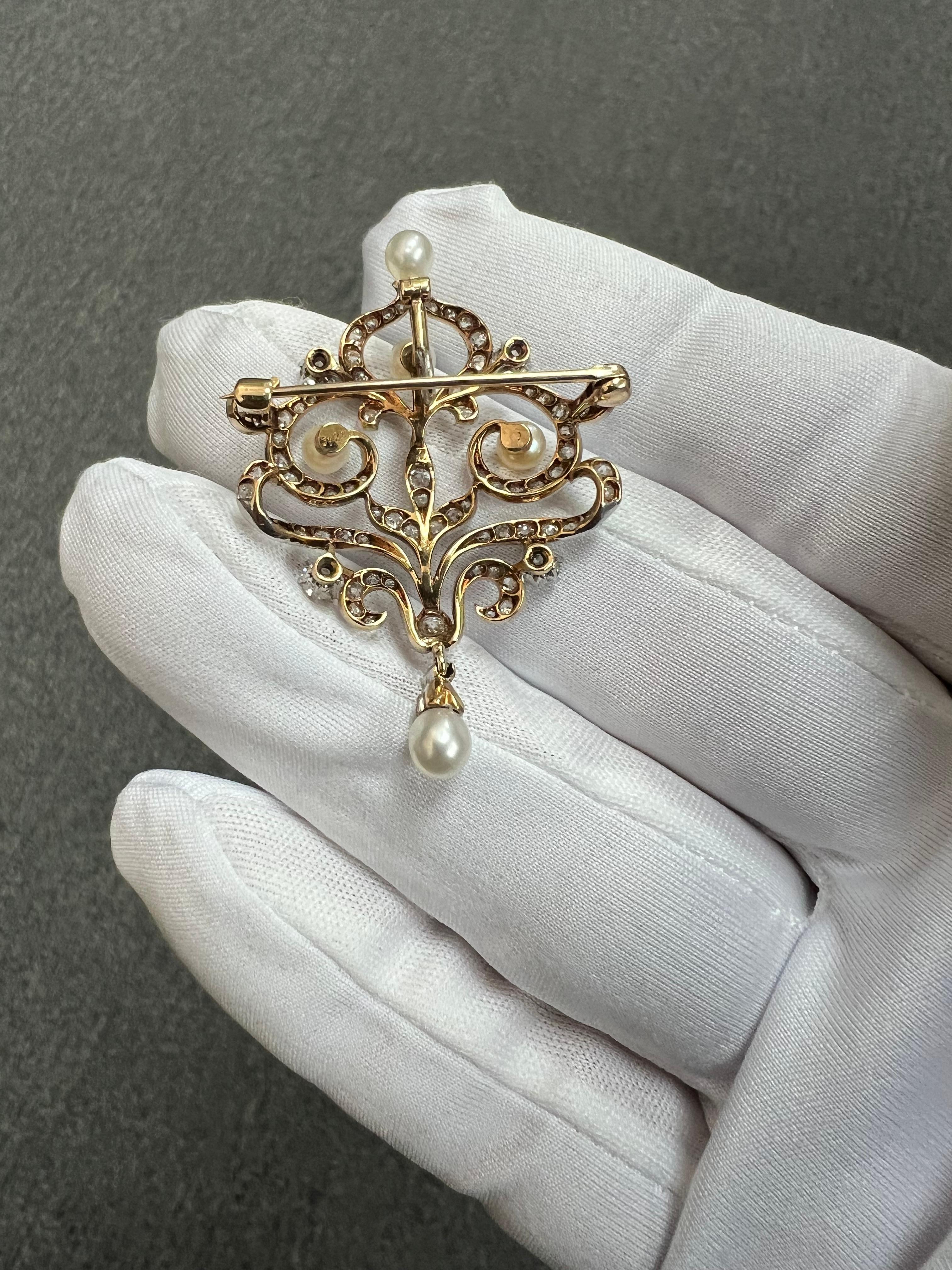 Spilla con diamante e perla del 1910 Edwardiana Ciondolo in oro e platino in vendita 9