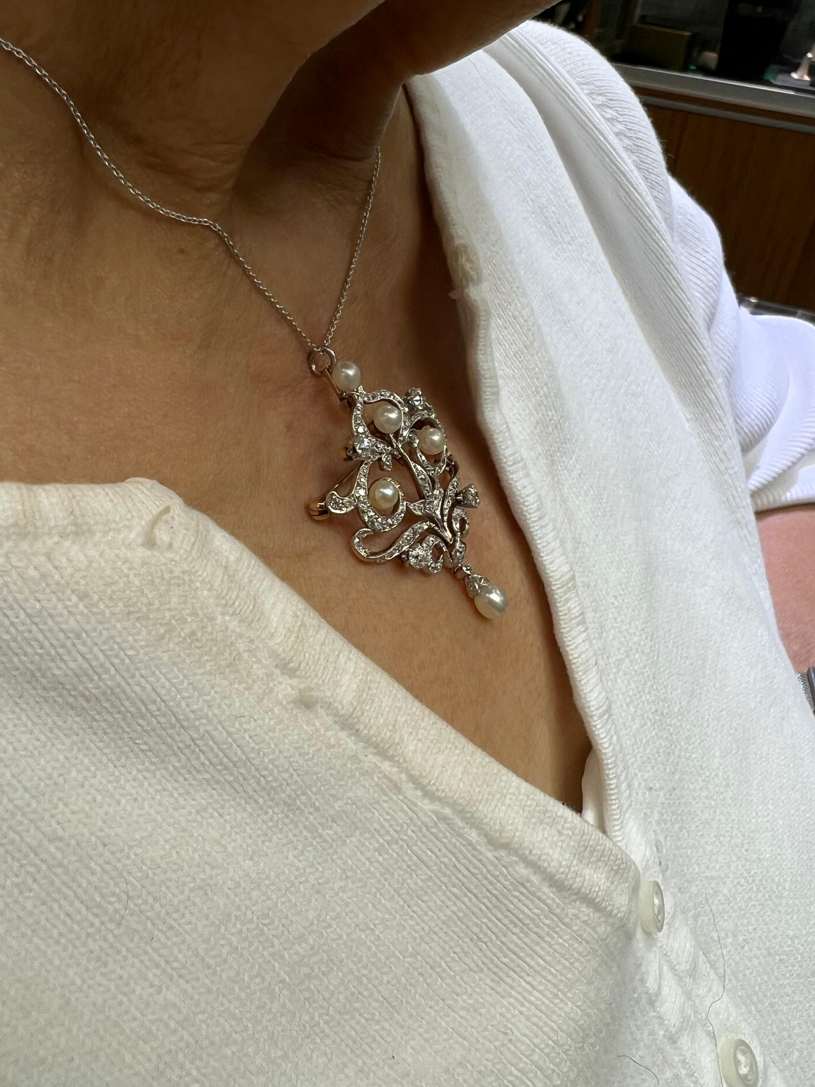 Edoardiano Spilla con diamante e perla del 1910 Edwardiana Ciondolo in oro e platino in vendita