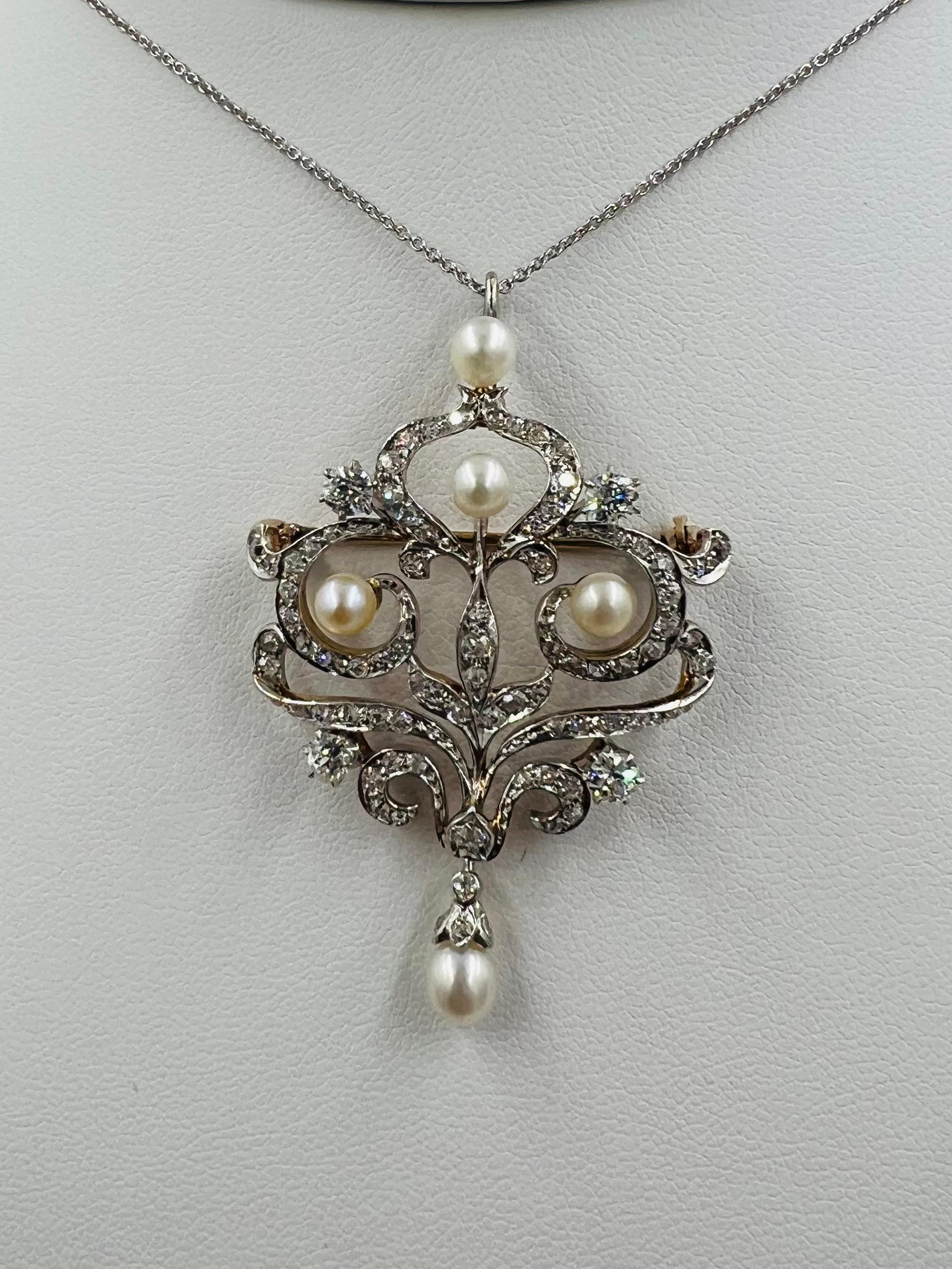 Spilla con diamante e perla del 1910 Edwardiana Ciondolo in oro e platino In condizioni buone in vendita a Los Angeles, CA