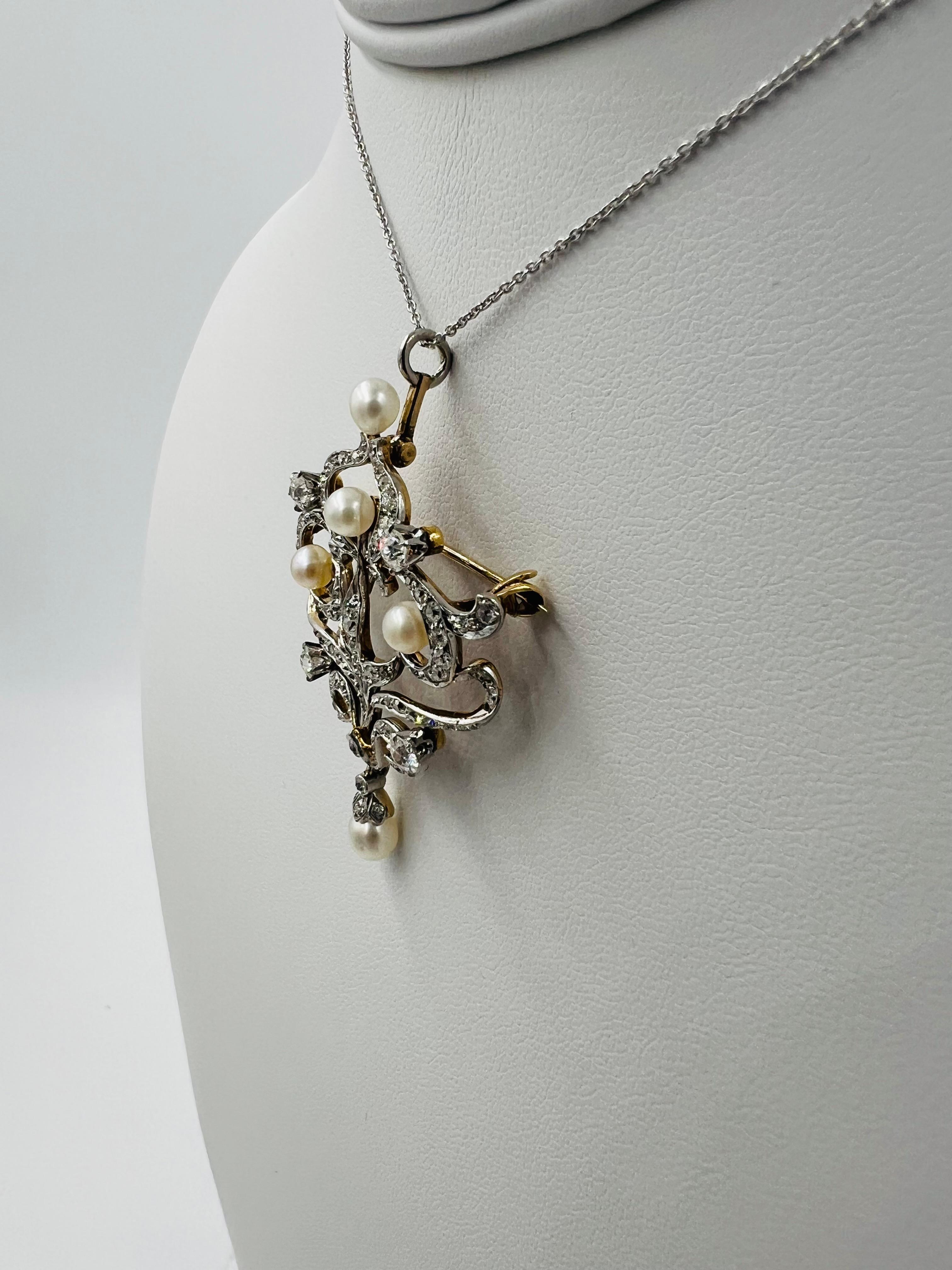 Spilla con diamante e perla del 1910 Edwardiana Ciondolo in oro e platino in vendita 1
