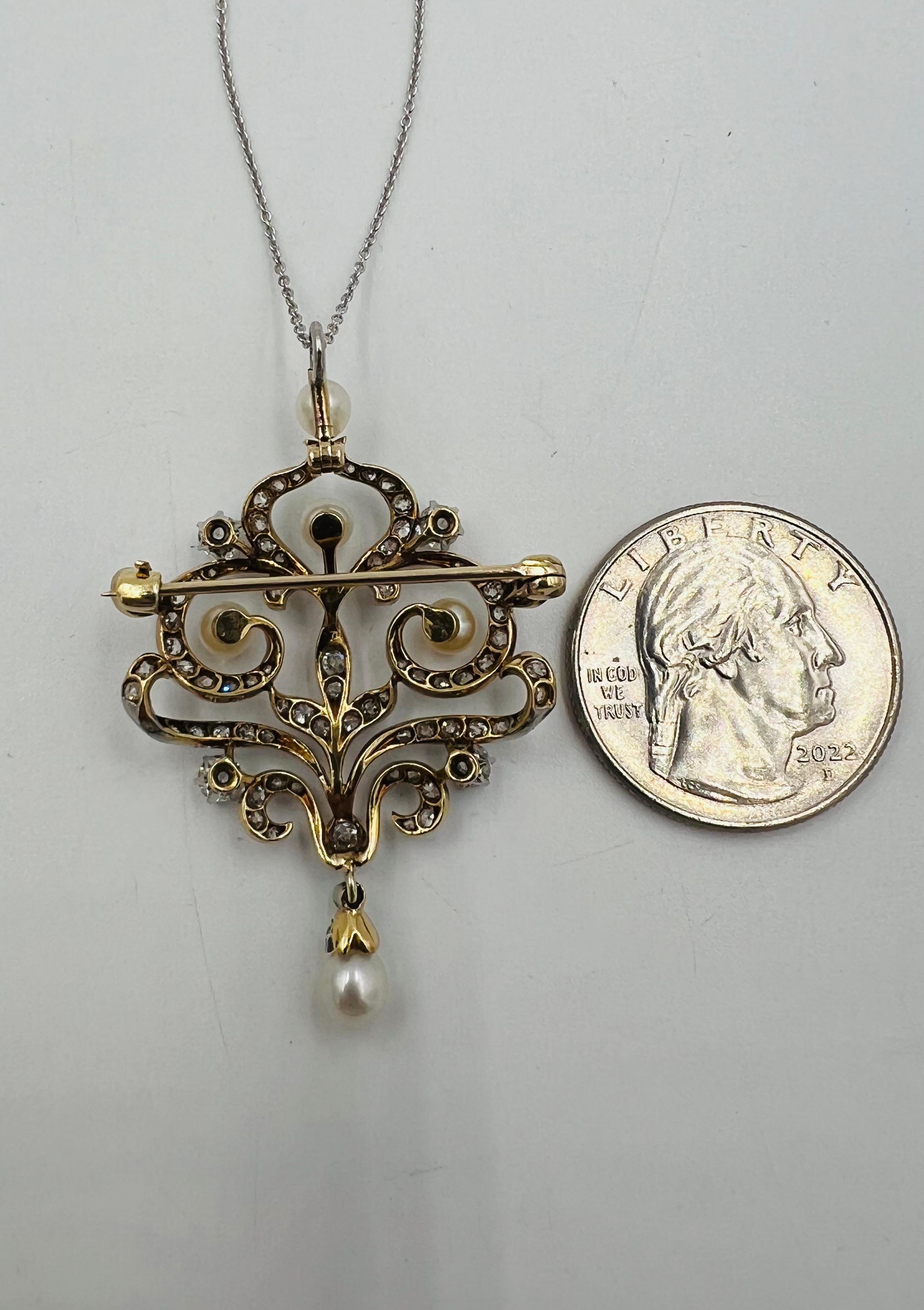 Spilla con diamante e perla del 1910 Edwardiana Ciondolo in oro e platino in vendita 2