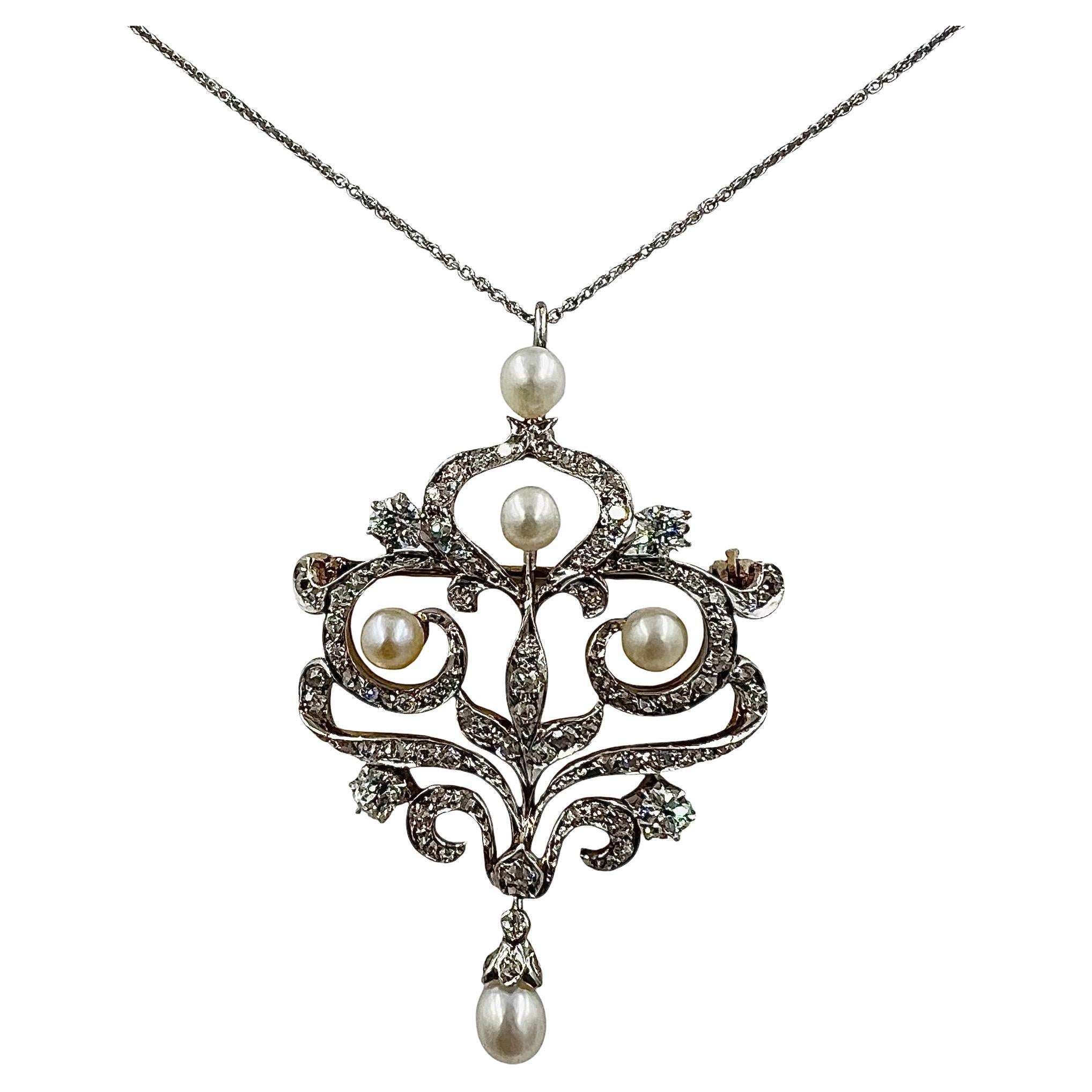 1910 Edwardian Diamond Pearl Brooch Pendant Platinum And Gold