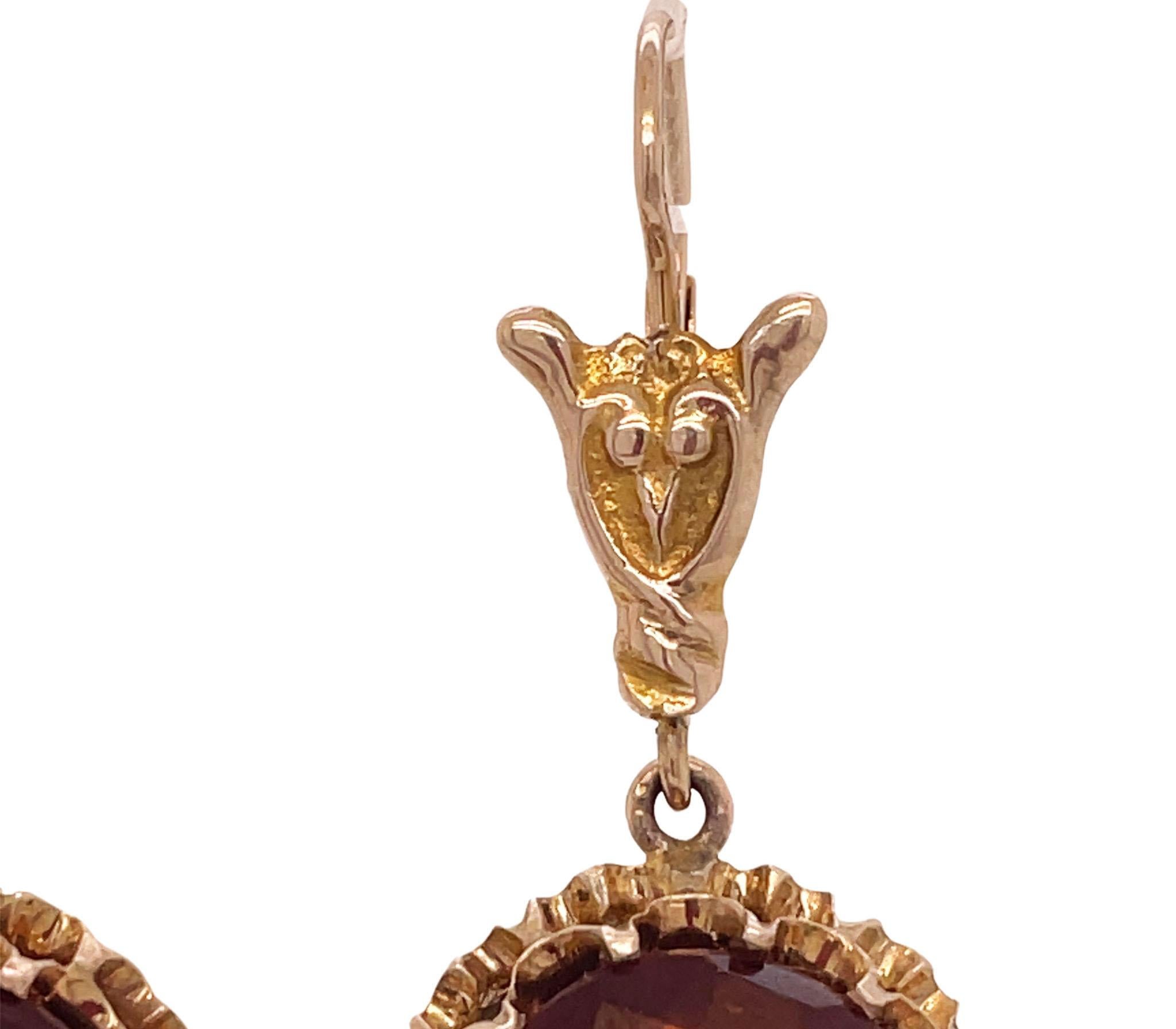 1910 Edwardian Garnet Dangle 14K Yellow Gold Earrings For Sale 1