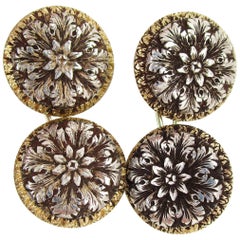 1910 Edwardian Hand Engraved 18 Karat and Silver Two-Tone Flower Cufflinks