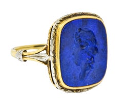 1910 Edwardian Lapis Intaglio Platinum-Topped 14 Karat Gold Signet Ring