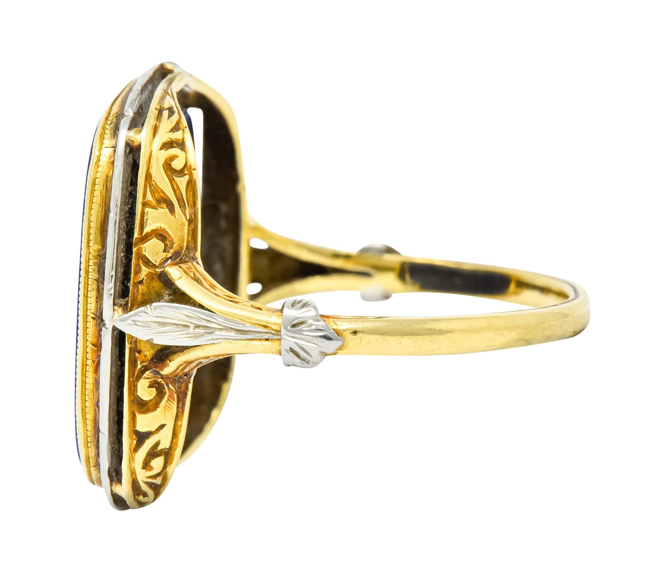 1910 Edwardian Lapis Intaglio Platinum-Topped 14 Karat Gold Signet Ring 1
