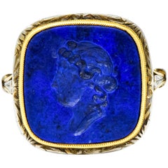 1910 Edwardian Lapis Intaglio Platinum-Topped 14 Karat Gold Signet Ring