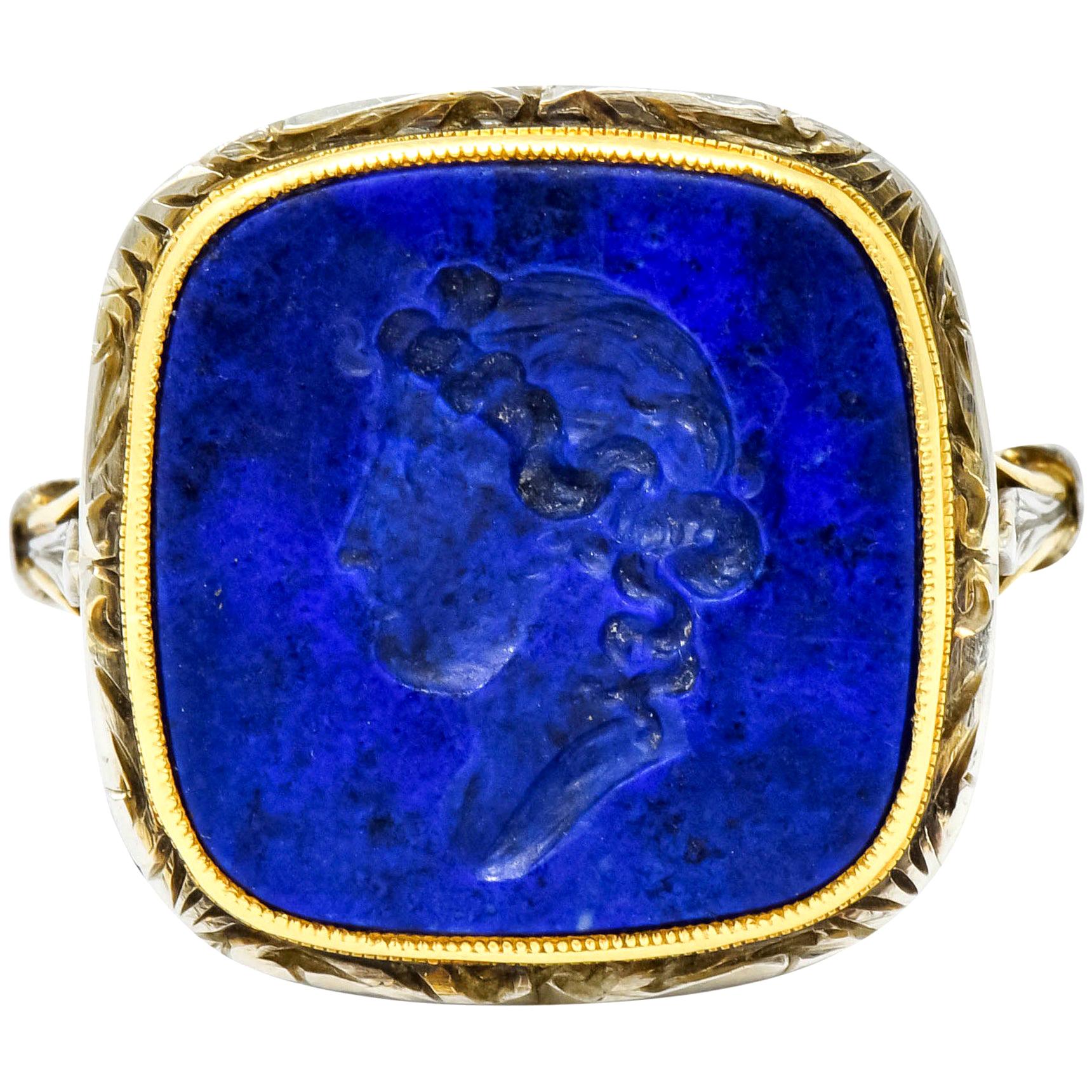 1910 Edwardian Lapis Intaglio Platinum-Topped 14 Karat Gold Signet Ring