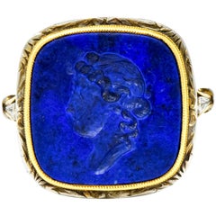 Antique 1910 Edwardian Lapis Intaglio Platinum-Topped 14 Karat Gold Signet Ring