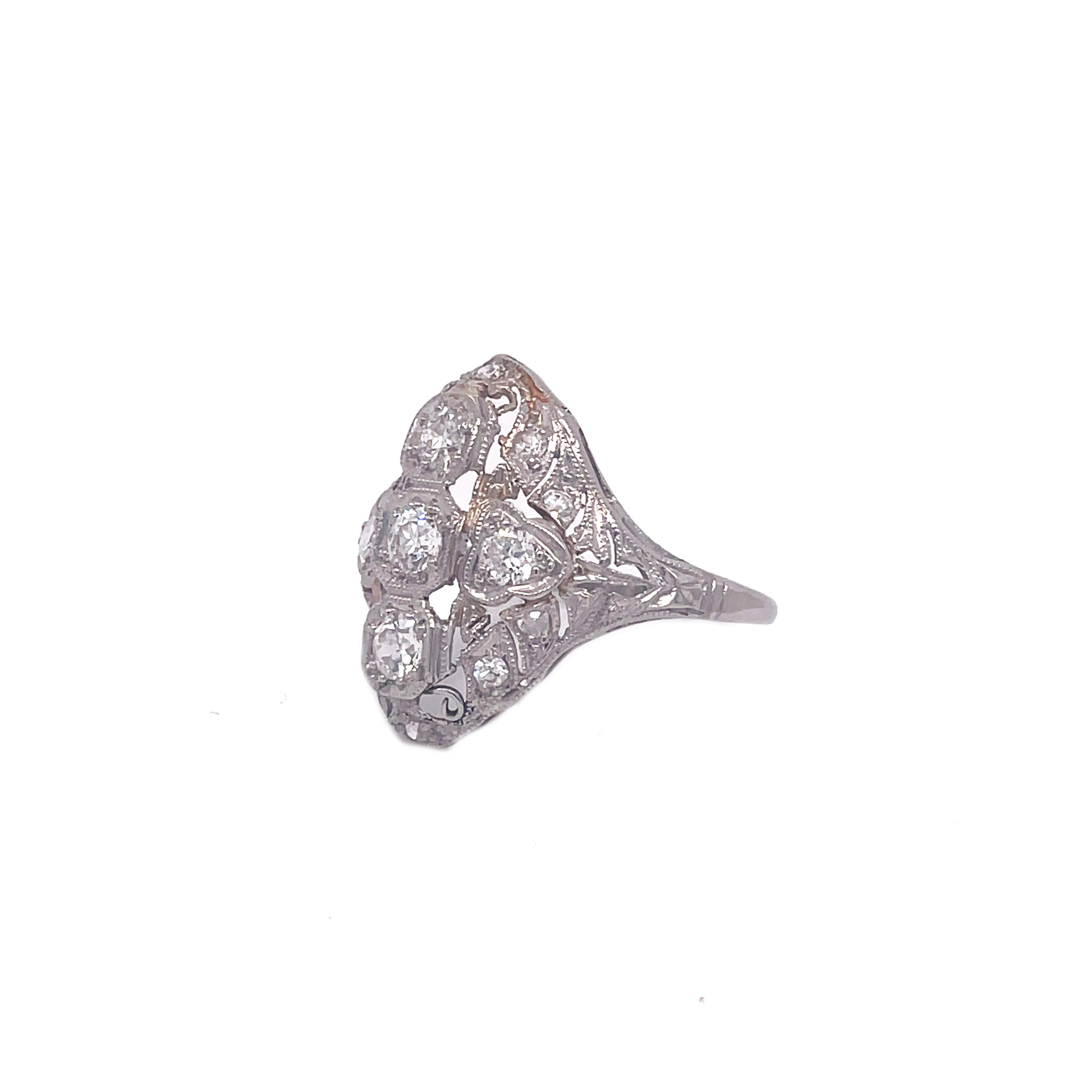 1910 Edwardian Old Mine Cut Diamond Platinum Filigree Ring 3
