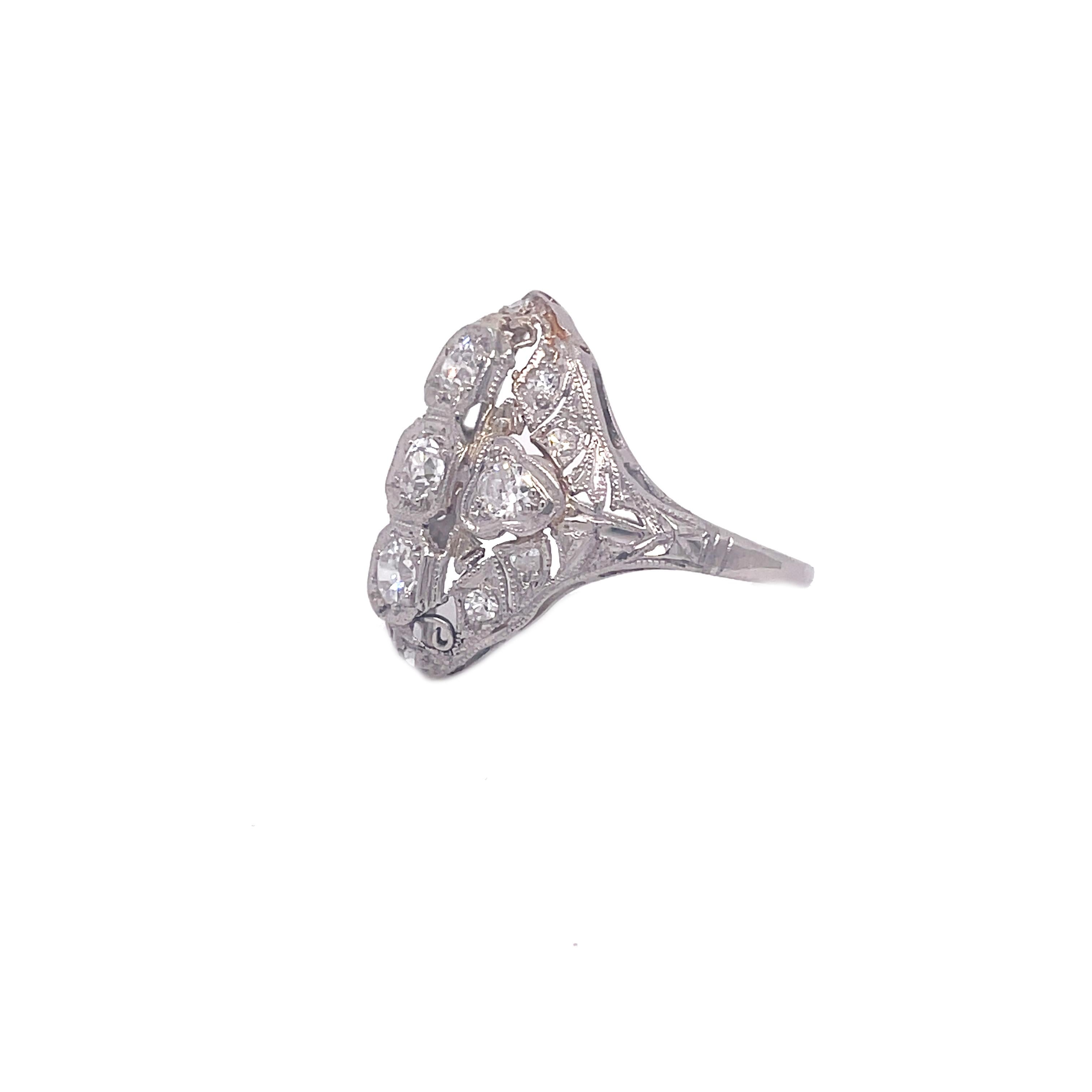 1910 Edwardian Old Mine Cut Diamond Platinum Filigree Ring 4