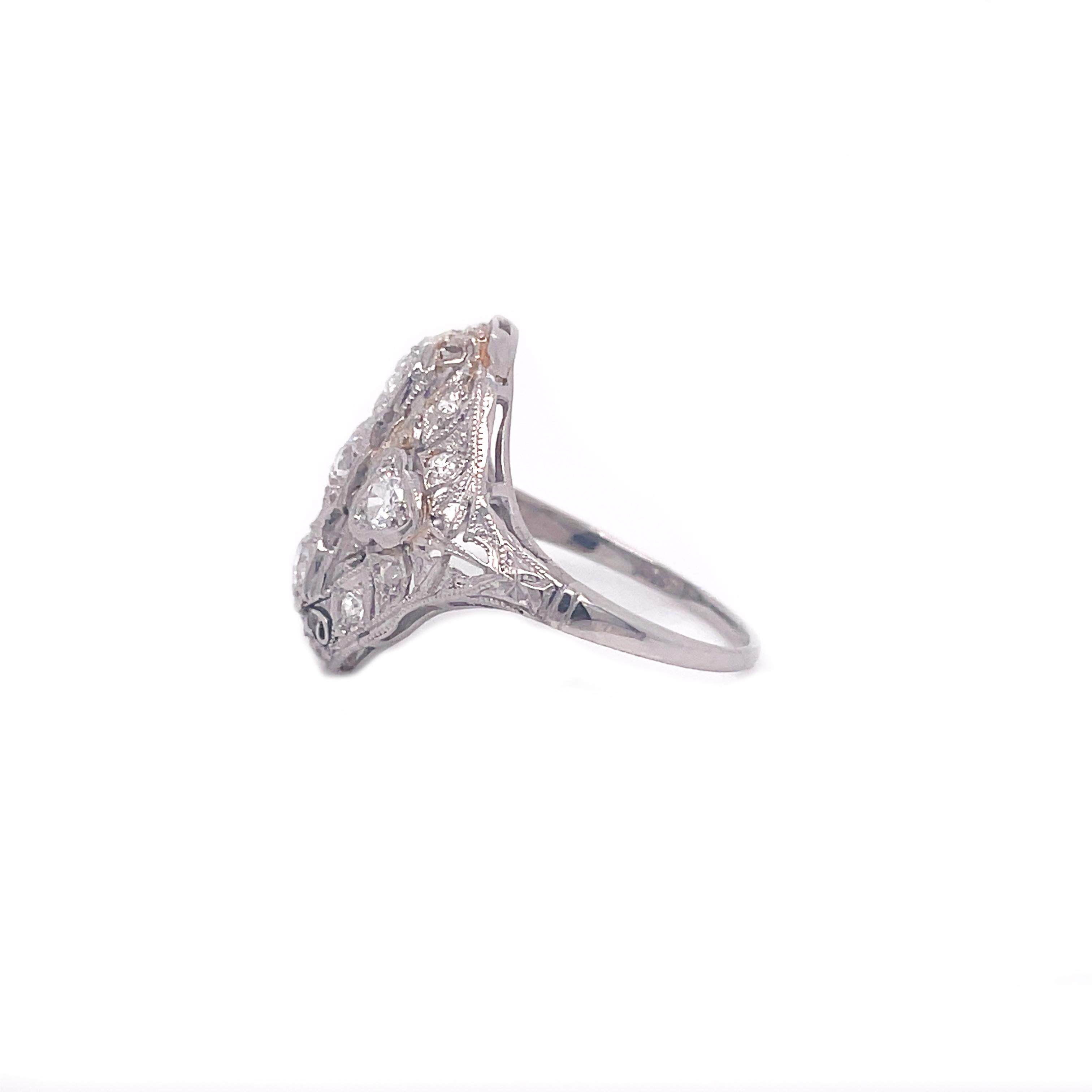 1910 Edwardian Old Mine Cut Diamond Platinum Filigree Ring 5