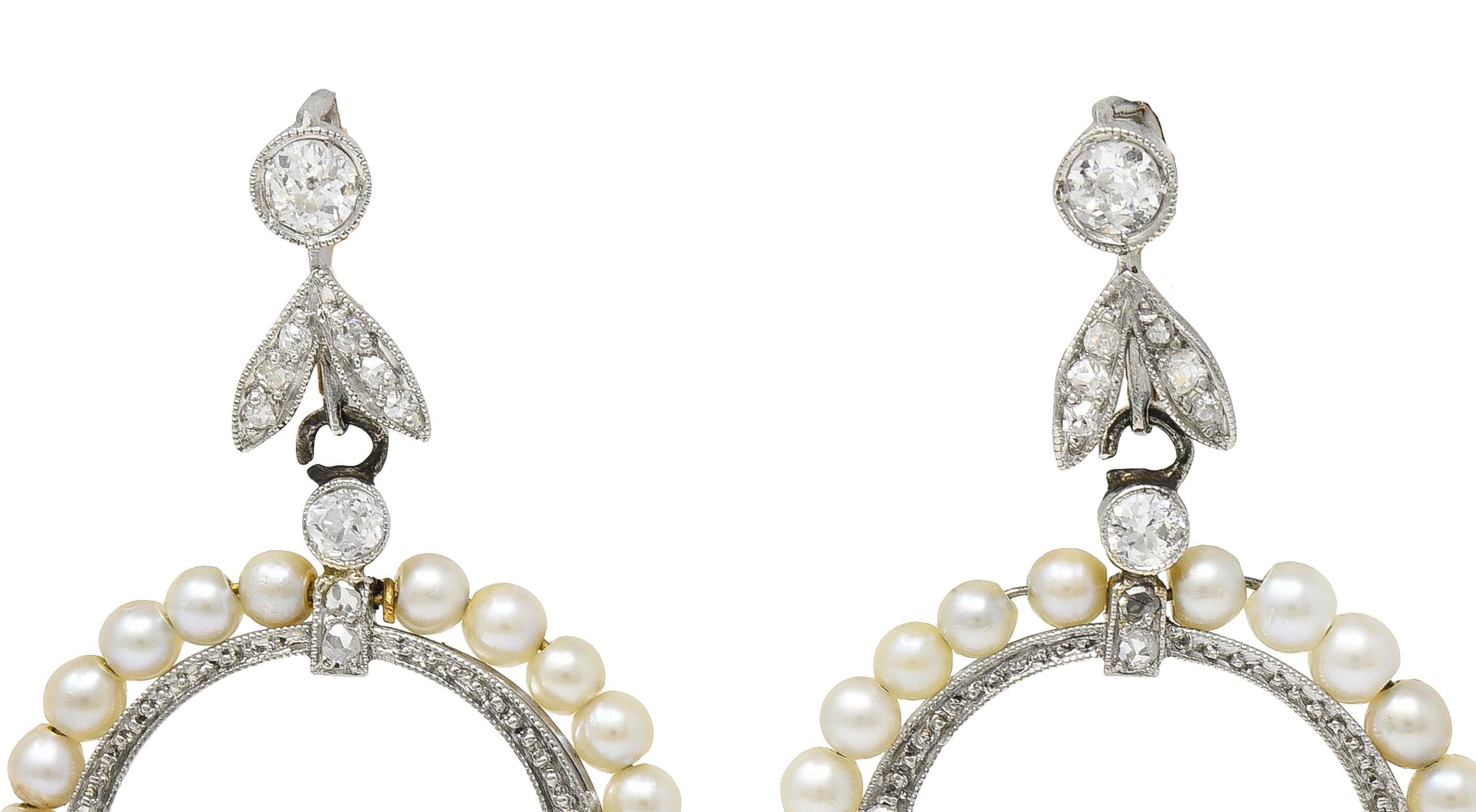 1910 Edwardian Pearl 1.50 CTW Diamond Platinum 14 Karat Gold Drop Earrings 1