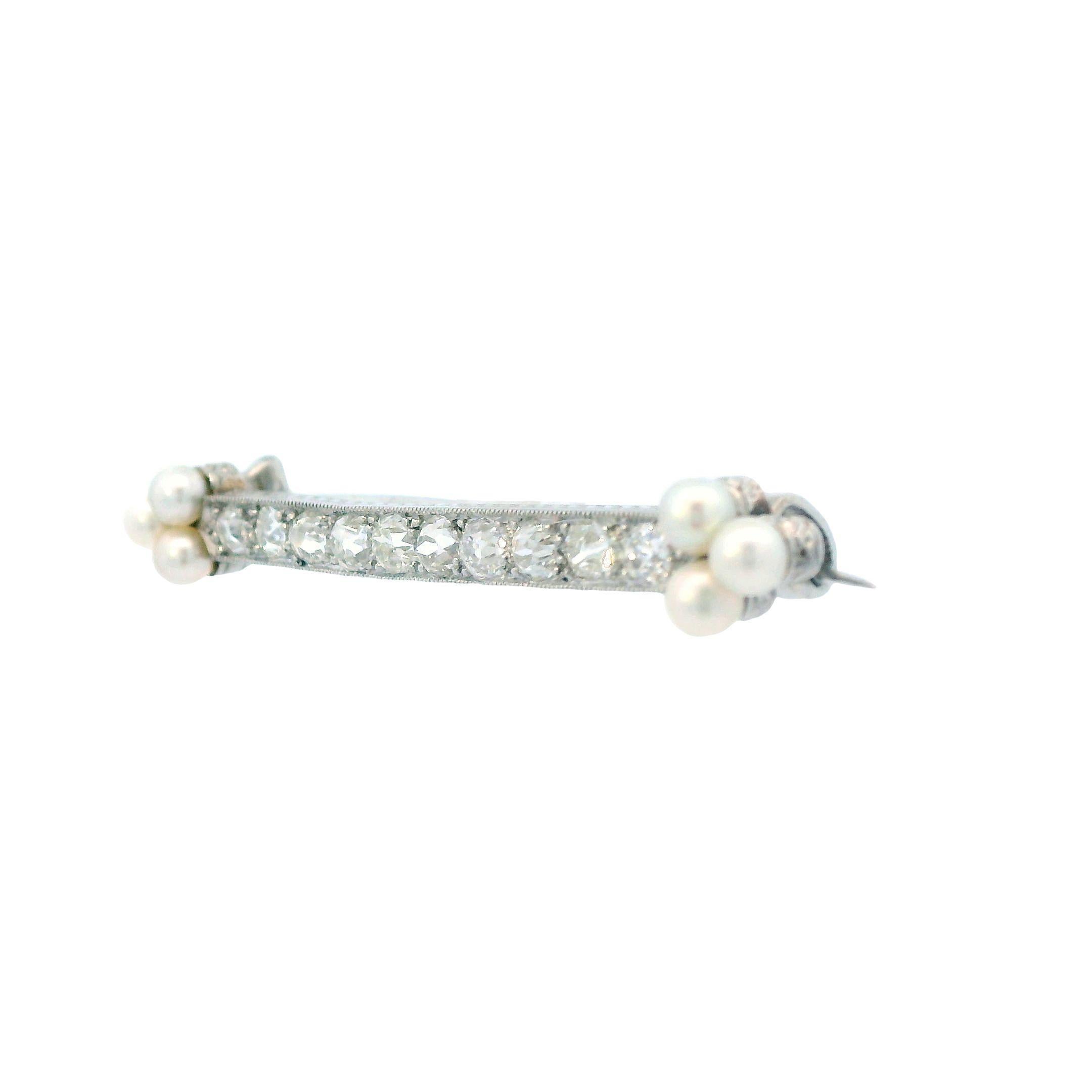 Old Mine Cut 1910 Edwardian Platinum Diamond and Pearl Brooch For Sale