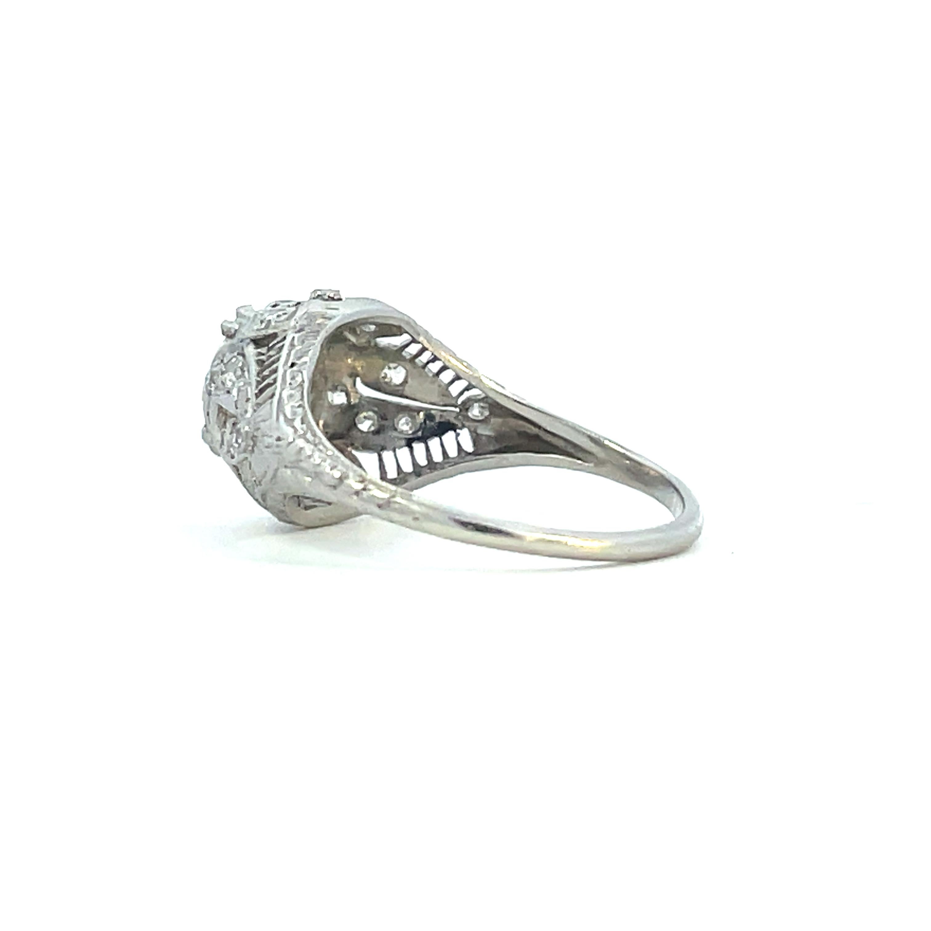 Women's or Men's 1910 Edwardian Platinum Filigree Ring with Round and European Cut Diamonds  For Sale