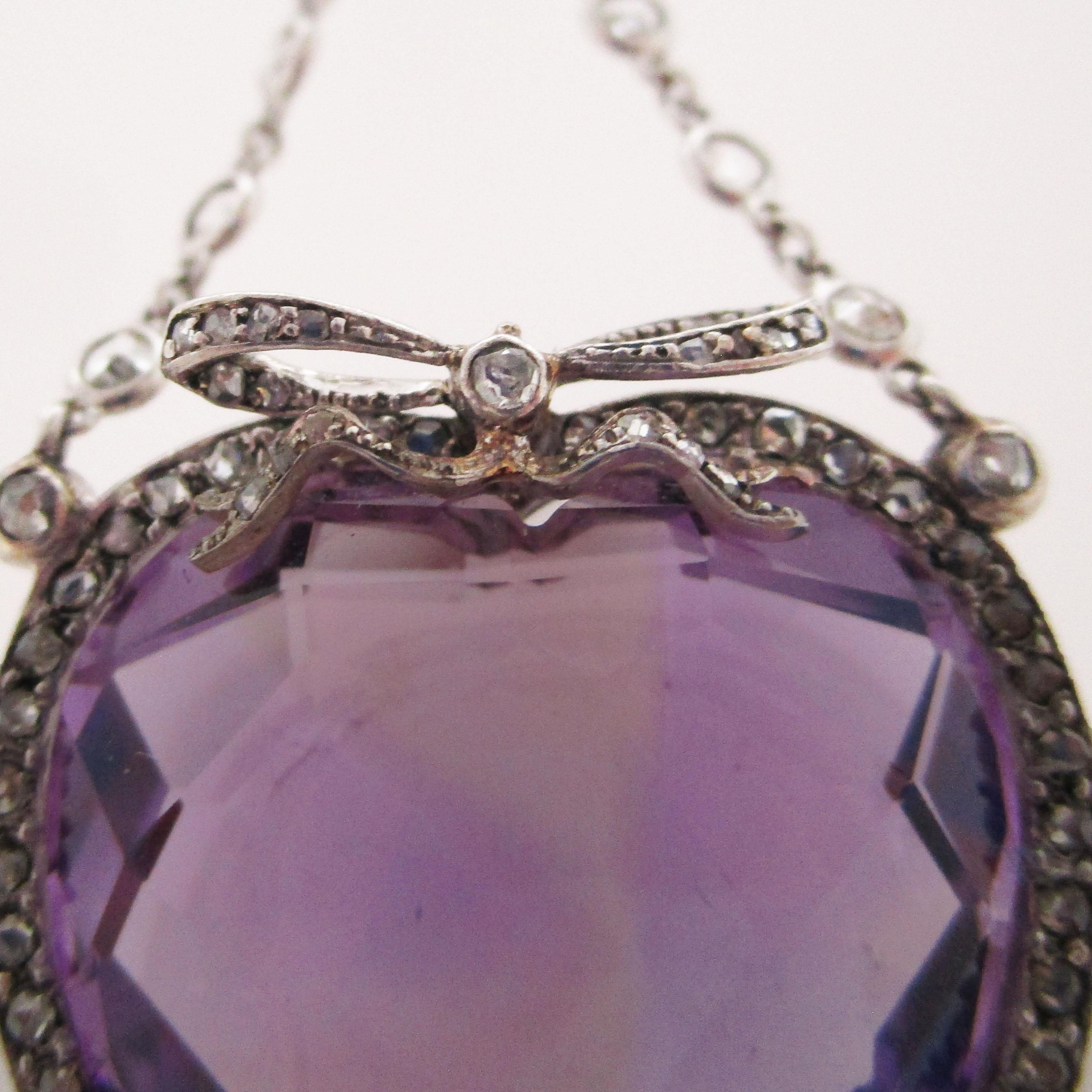 1910 Edwardian Platinum on Yellow Gold Diamond 33+ Carat Amethyst Heart Necklace In Excellent Condition In Lexington, KY