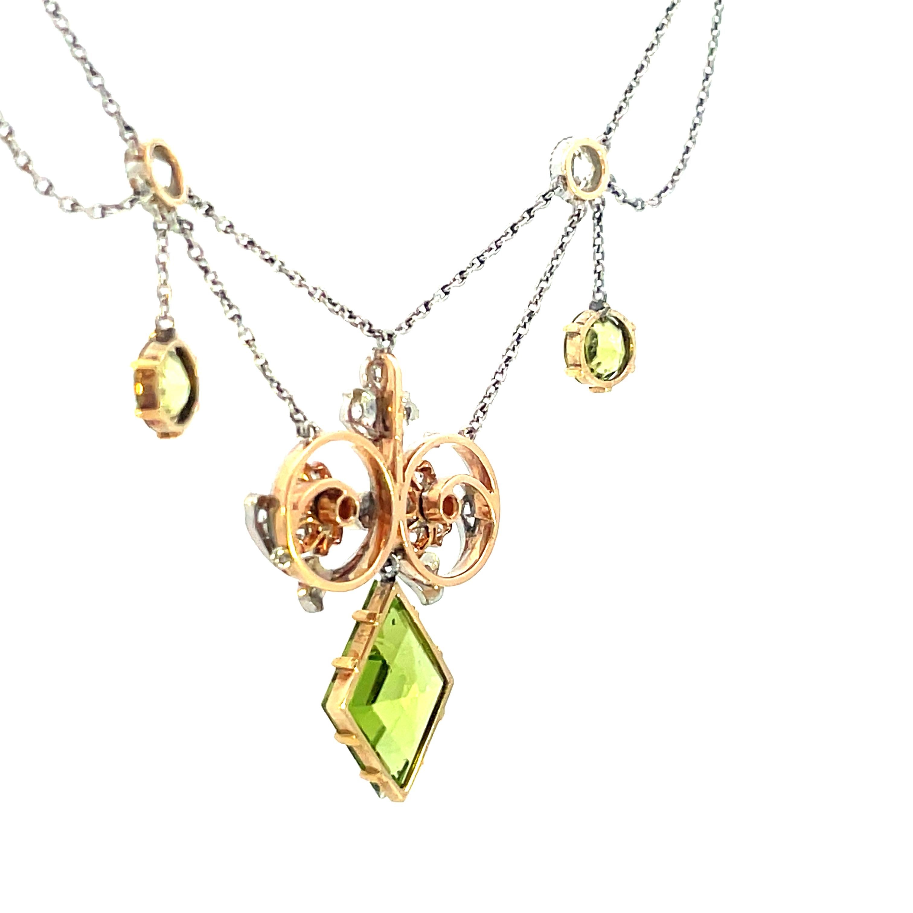 Women's or Men's 1910 Edwardian Platinum over 14K Rose Gold Peridot, Diamond and Pearl Necklace  For Sale
