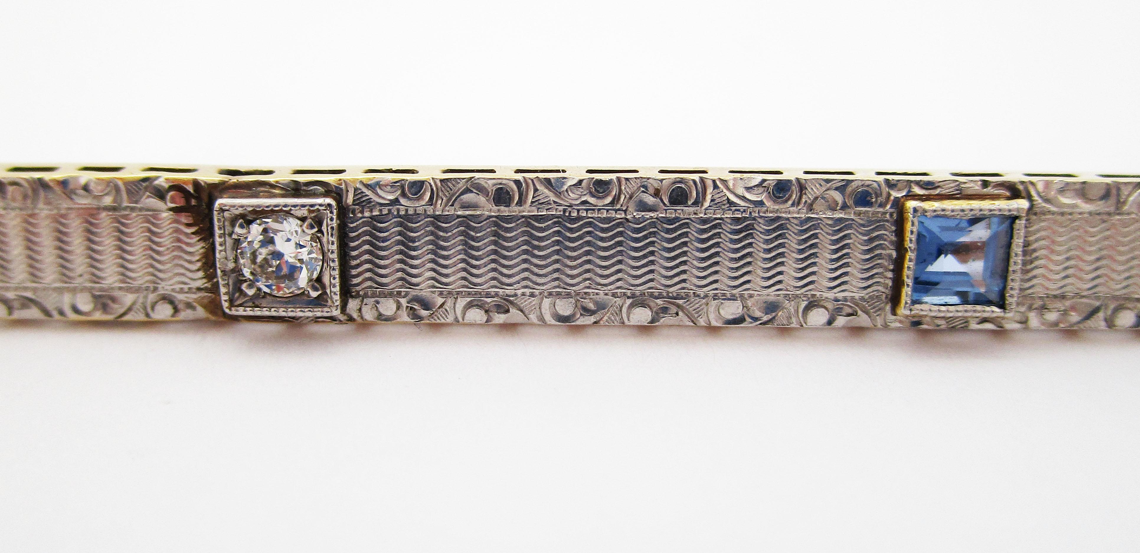 1910 Edwardian Platinum over Gold Diamond and Sapphire Bar Pin In Excellent Condition In Lexington, KY