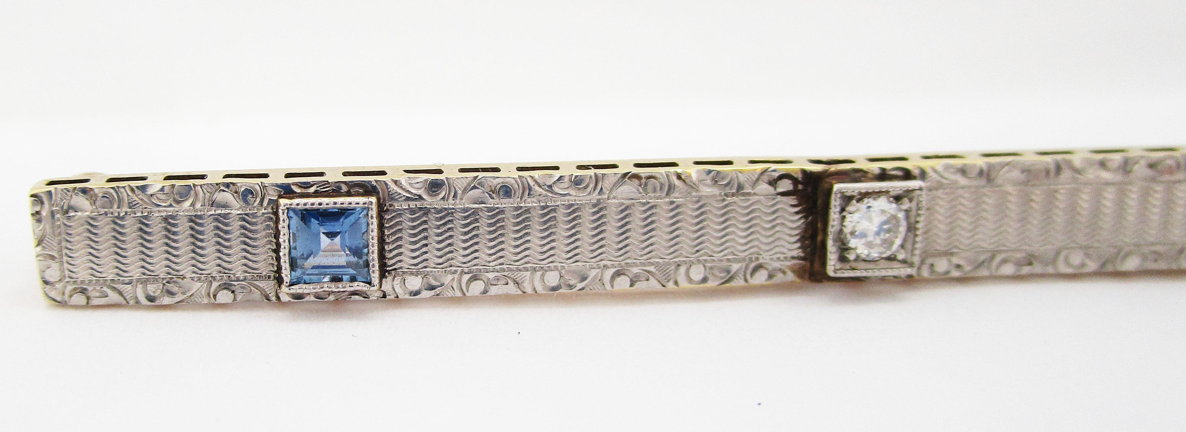 Women's or Men's 1910 Edwardian Platinum over Gold Diamond and Sapphire Bar Pin